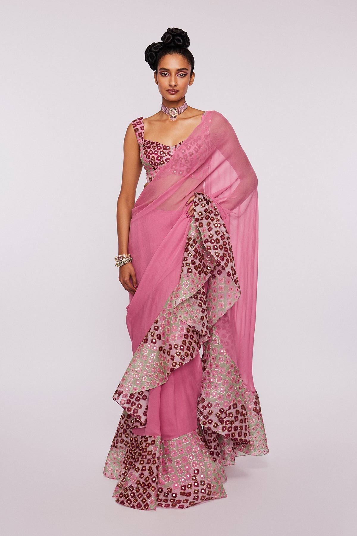 Roisin - Pink Organza Ruffle Saree Set