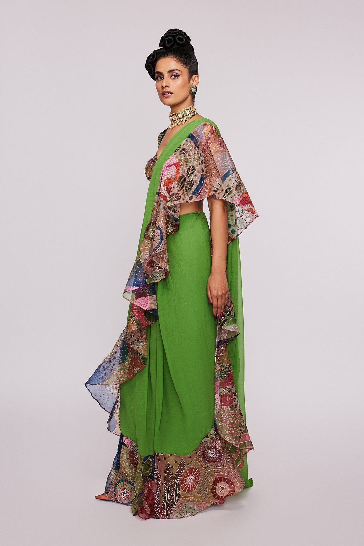 Beryl - Parrot Green Organza Ruffle Saree Set