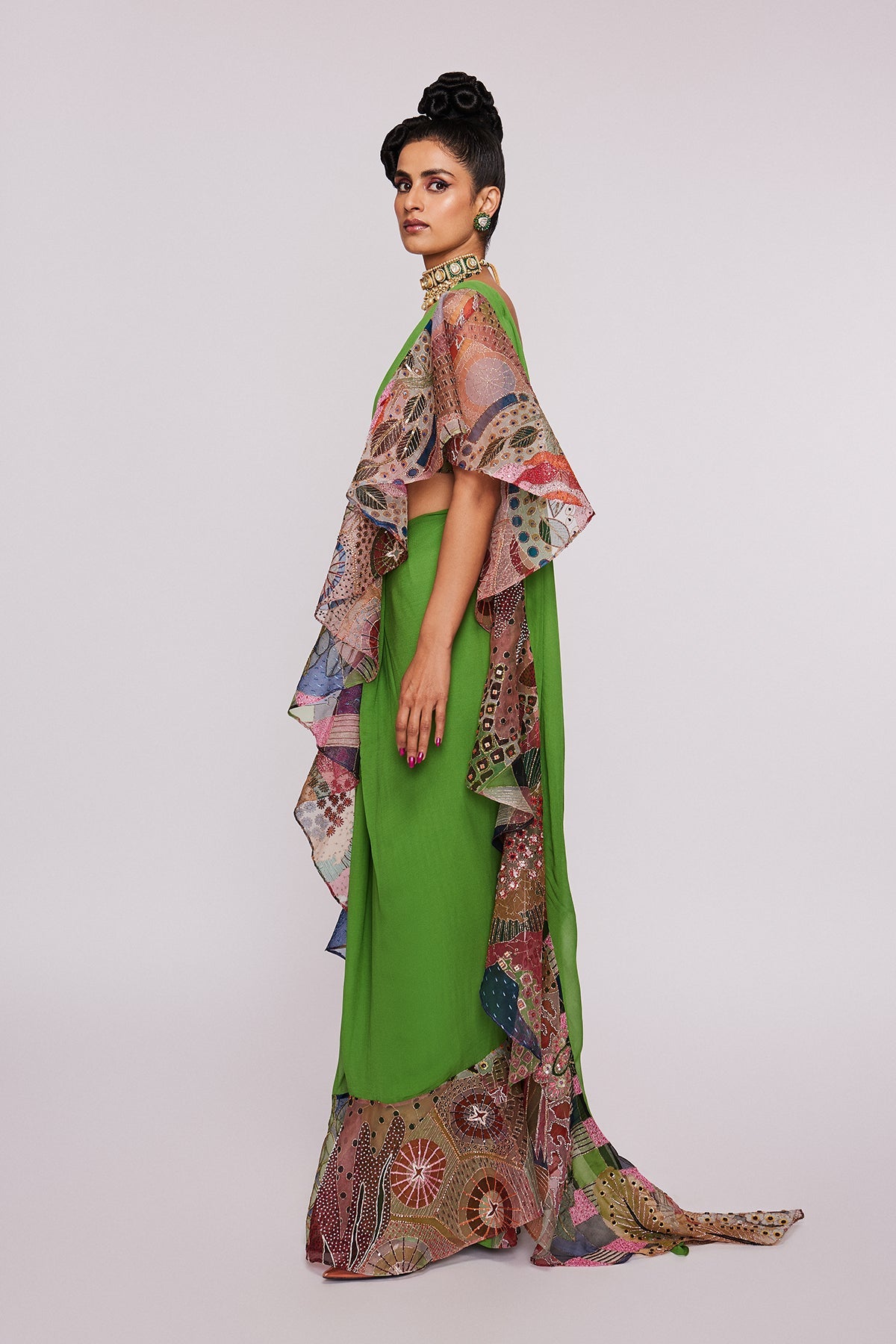Beryl - Parrot Green Organza Ruffle Saree Set