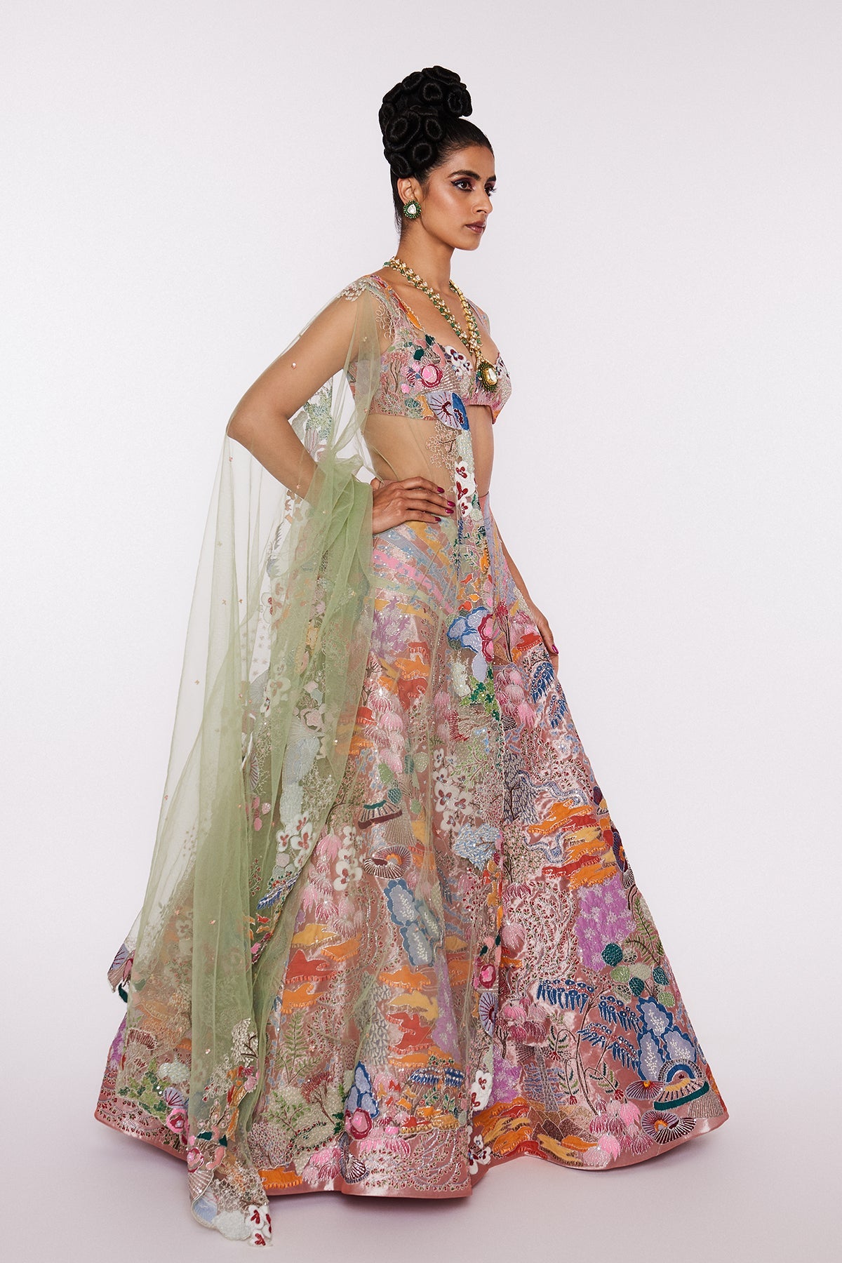 Cerise - Peach Tissue Lehenga Set