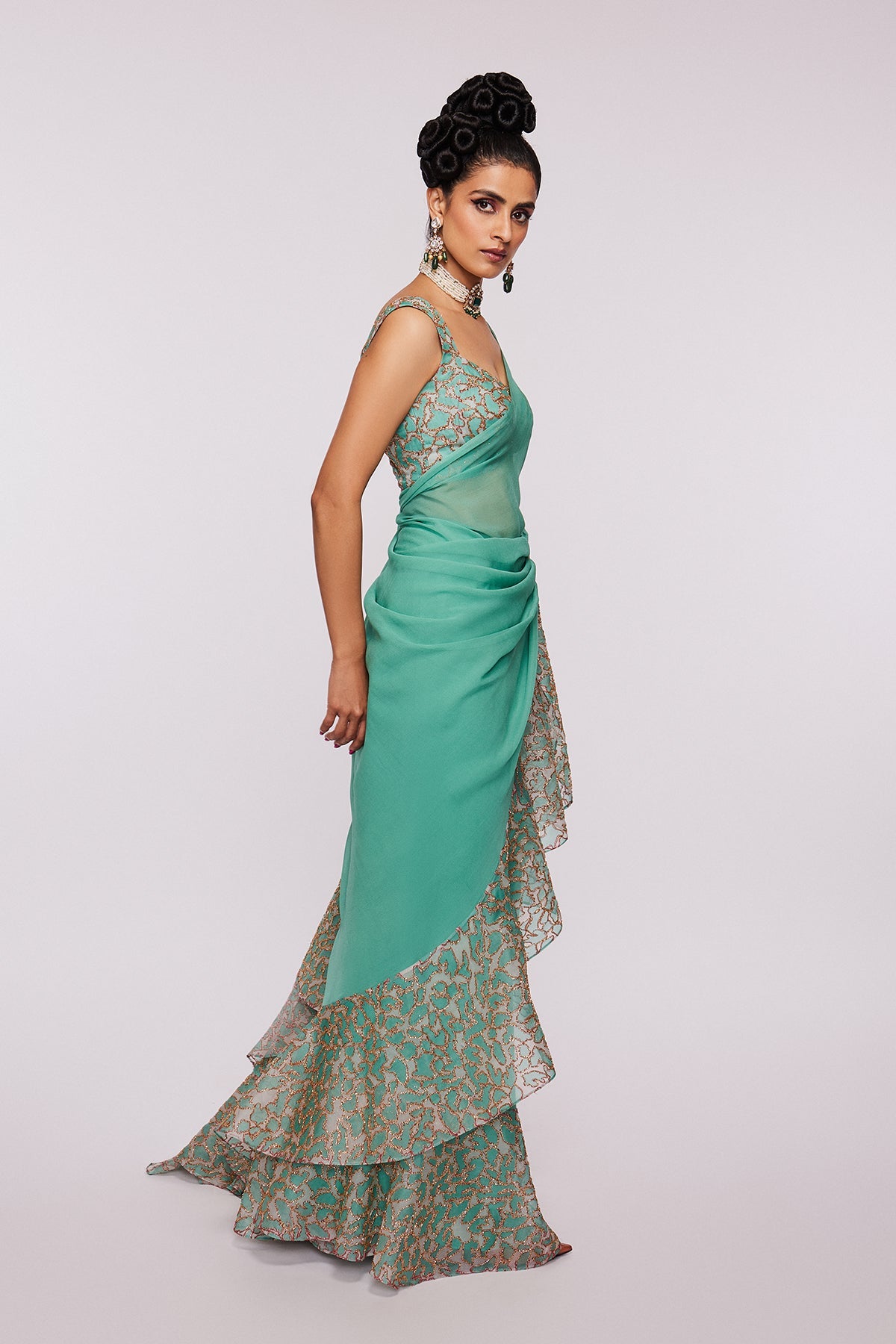 Jade - Sea Green Organza Ruffle Saree Set