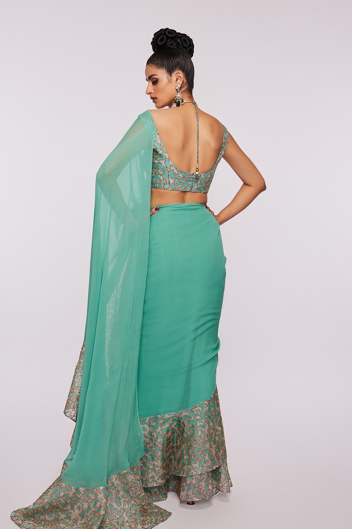 Jade - Sea Green Organza Ruffle Saree Set