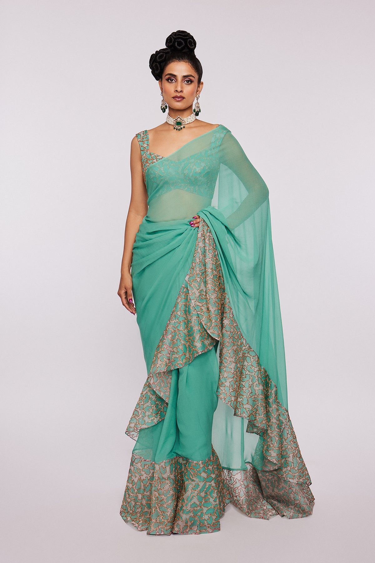 Jade - Sea Green Organza Ruffle Saree Set