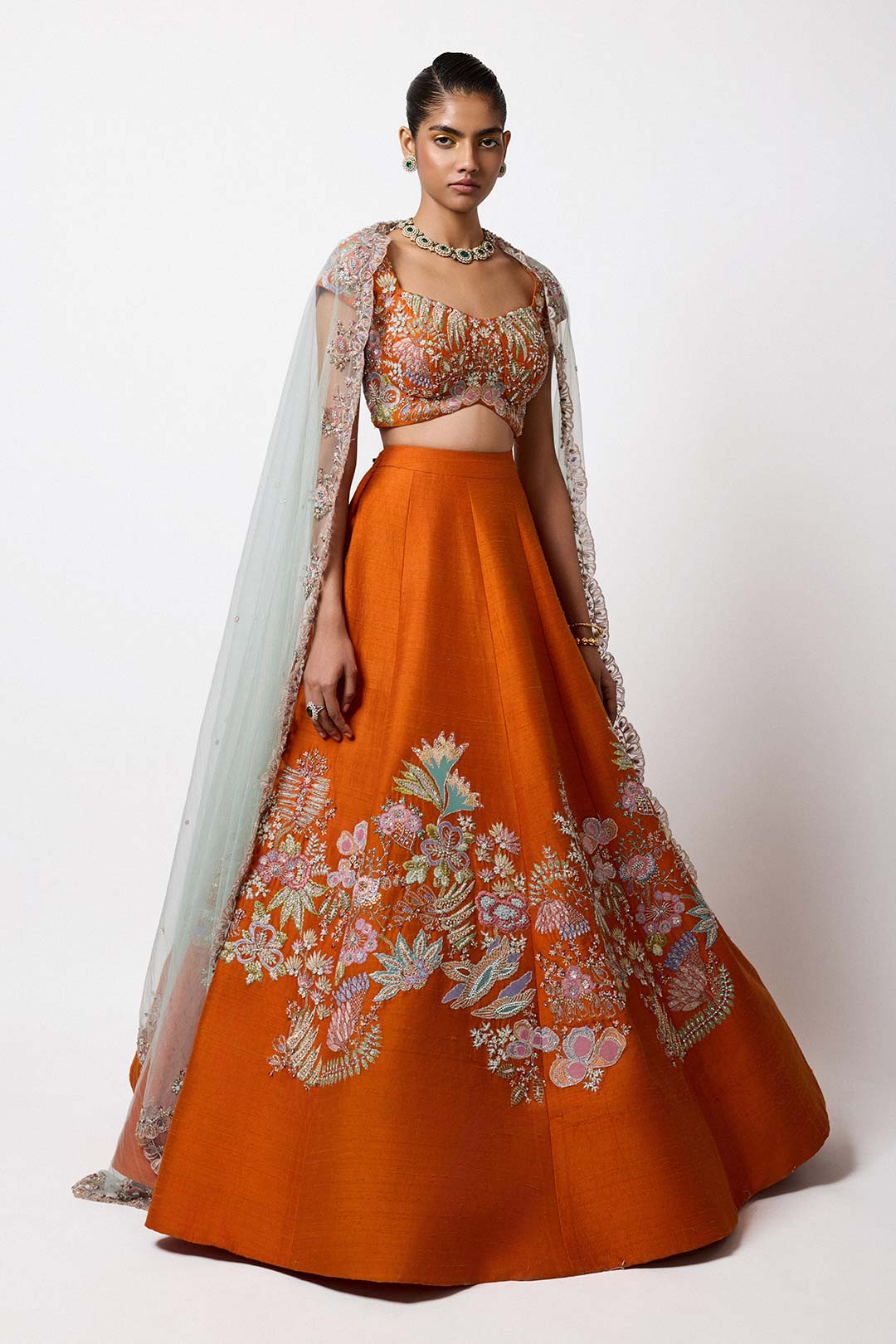 Flambea - Orange Raw Silk Lehenga Set