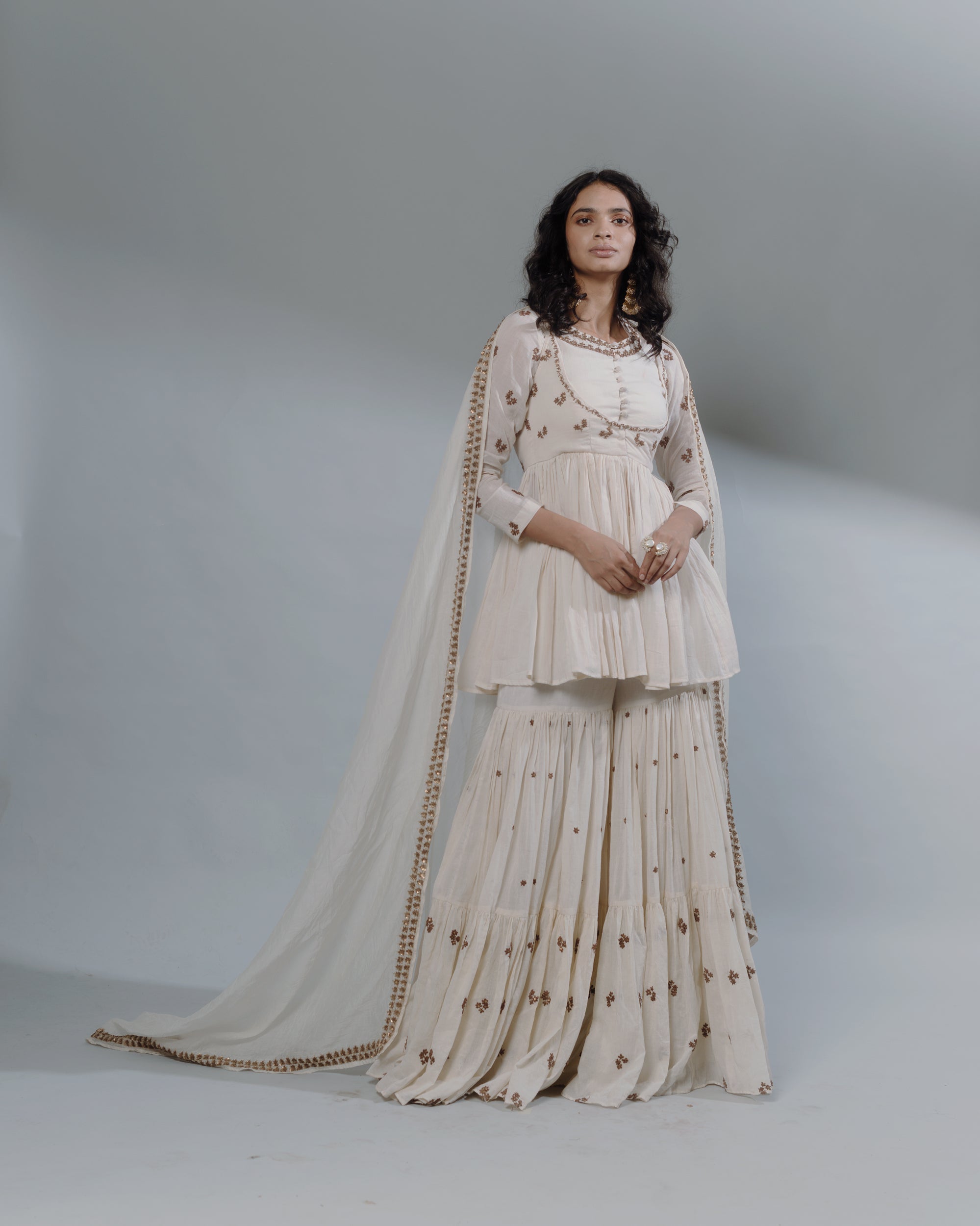 White Thread Peplum And Sharara