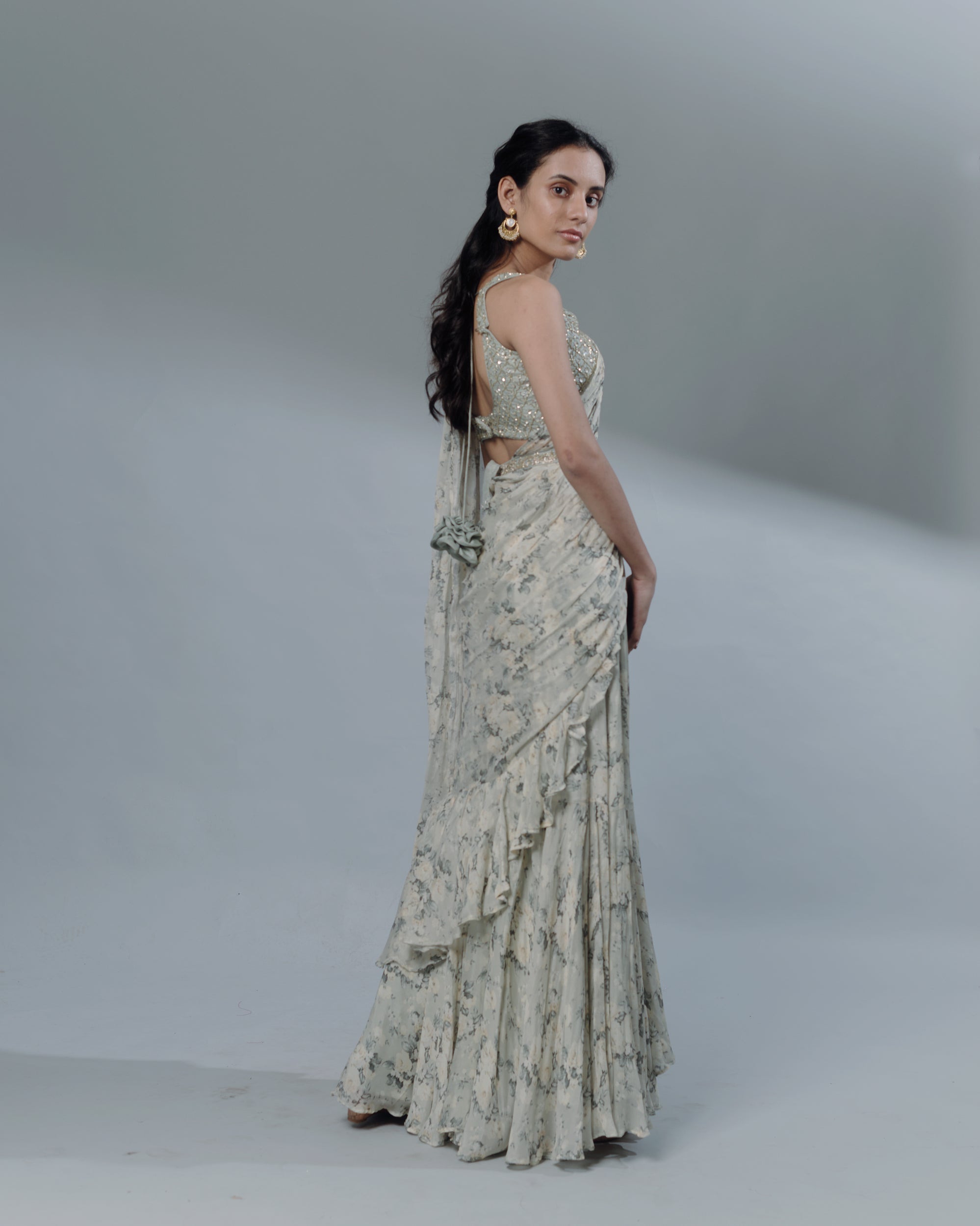 Mint Floral Printed Ruffle Saree