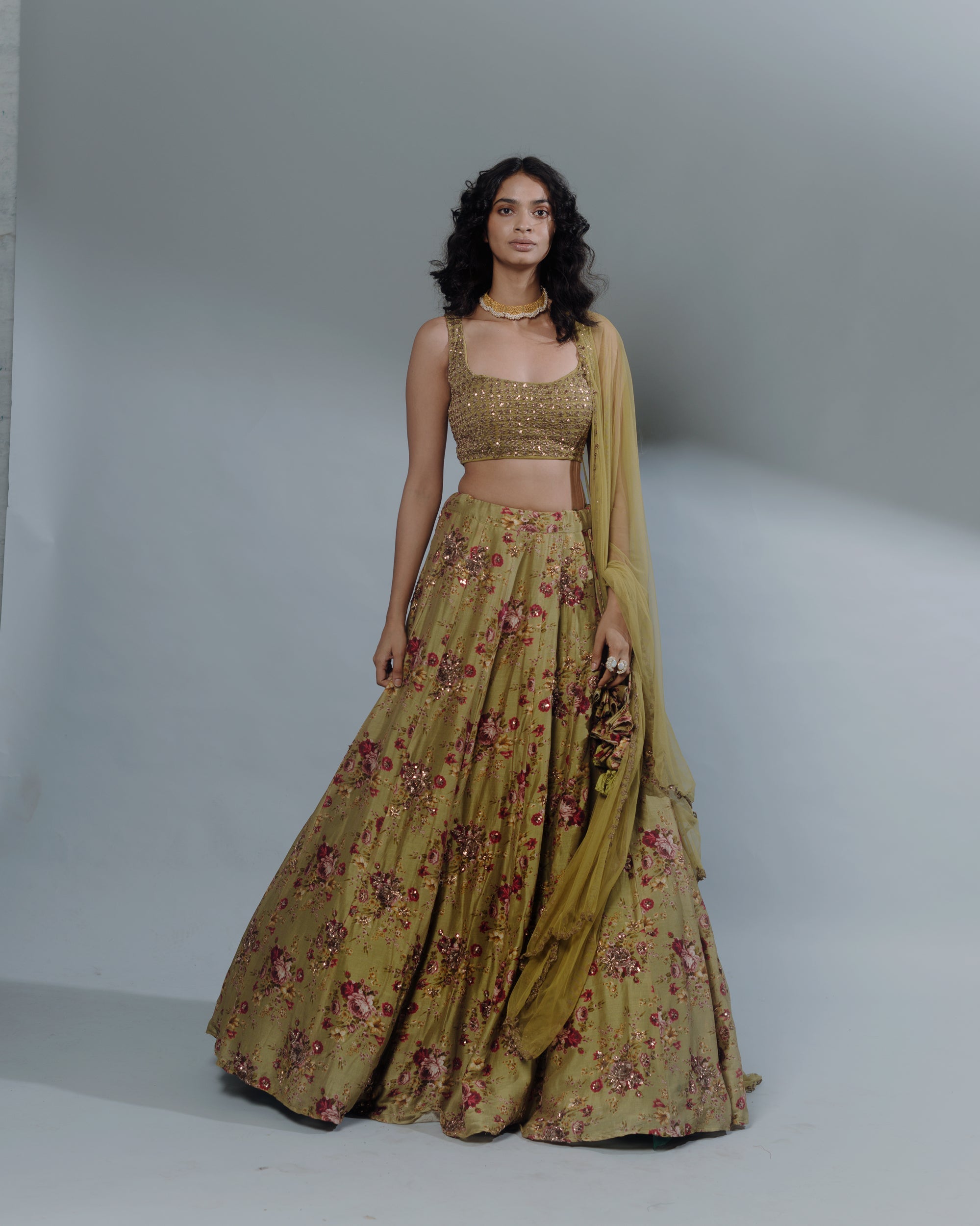 Leaf Green Floral Printed Lehenga Set
