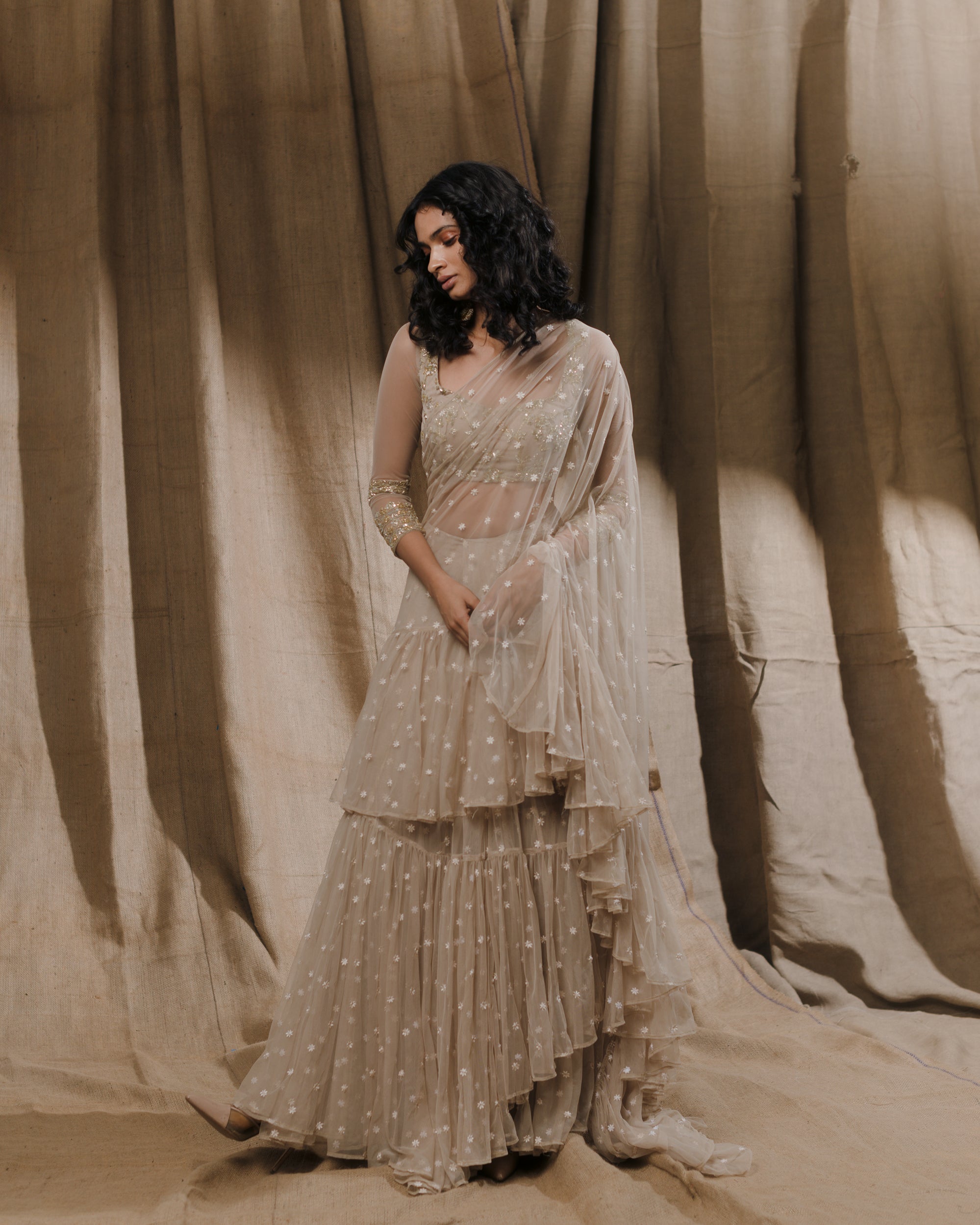 Beige Embellished Saree Set