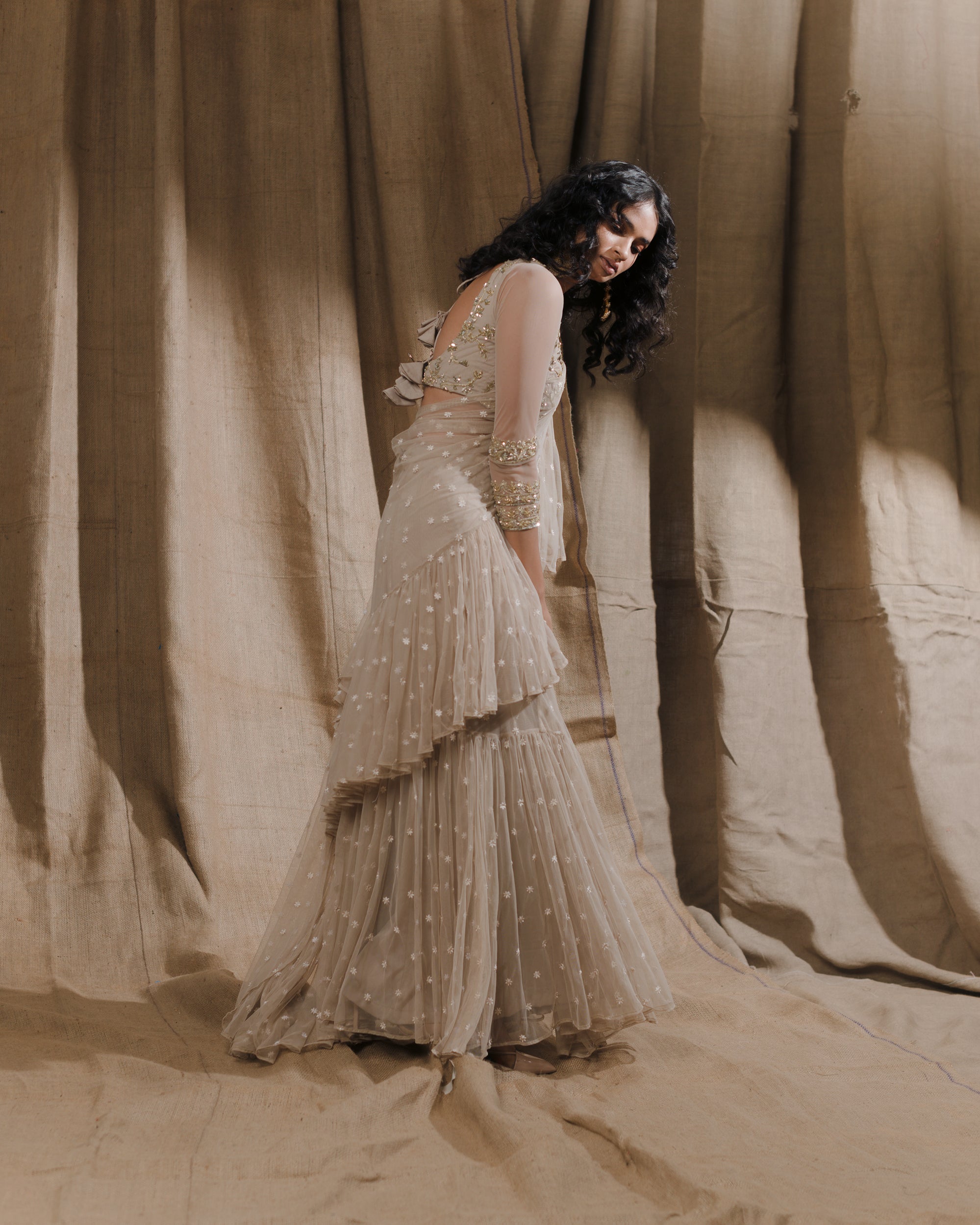Beige Embellished Saree Set