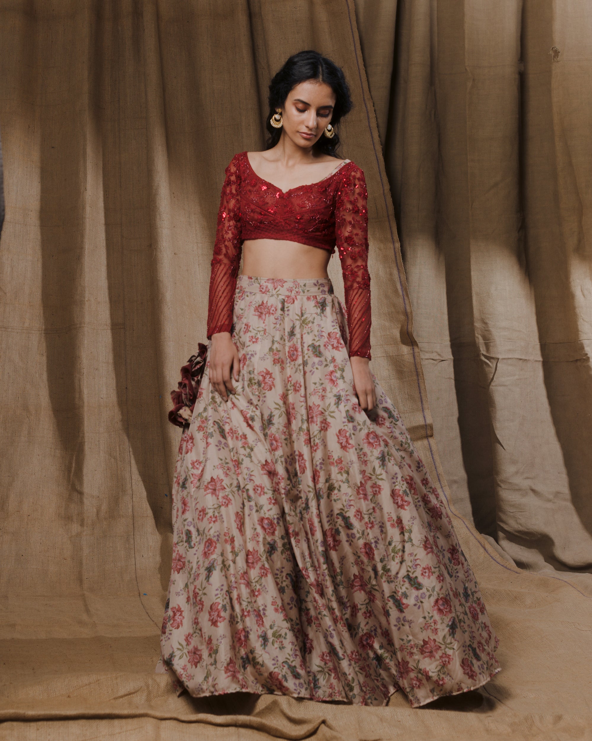 Beige Floral Printed Lehenga With Red Threawork Blouse