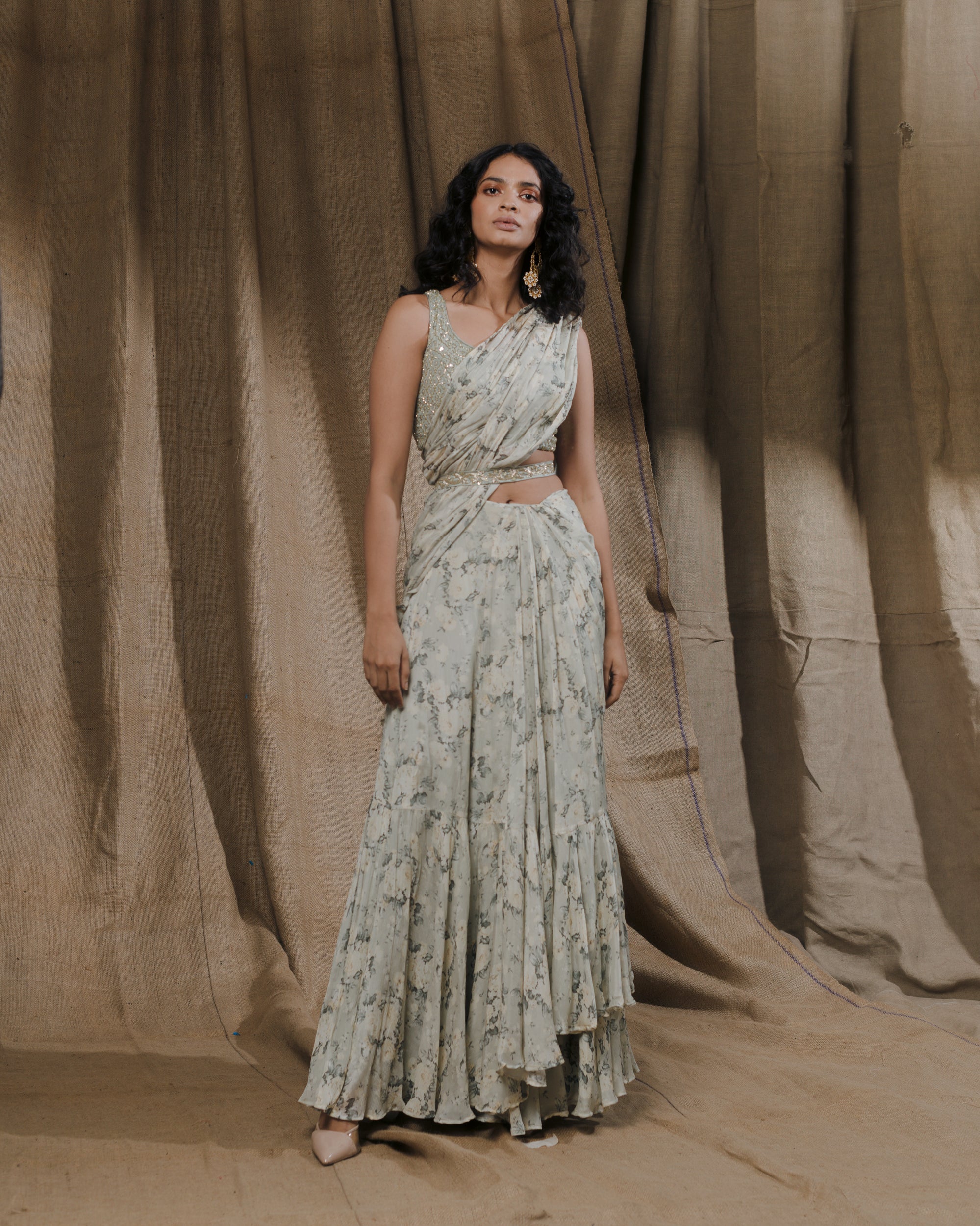 Mint Floral Printed Ruffle Saree