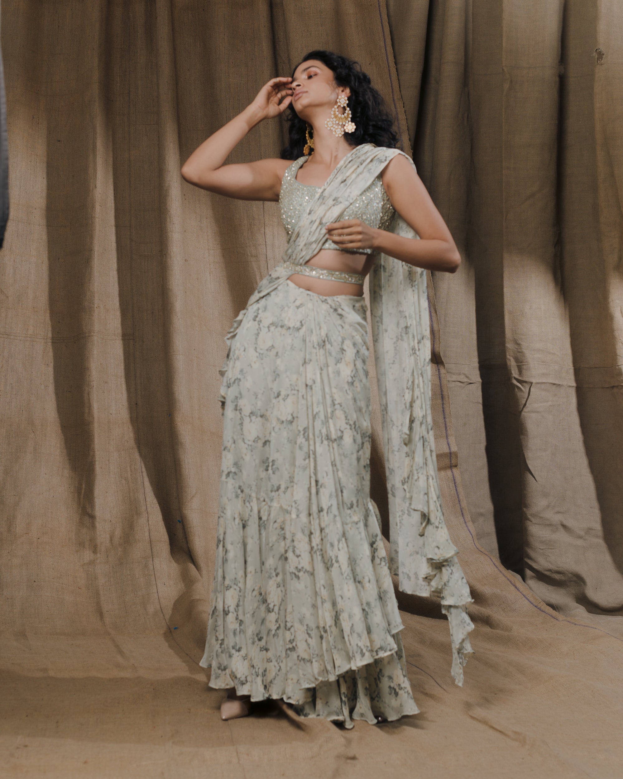 Mint Floral Printed Ruffle Saree