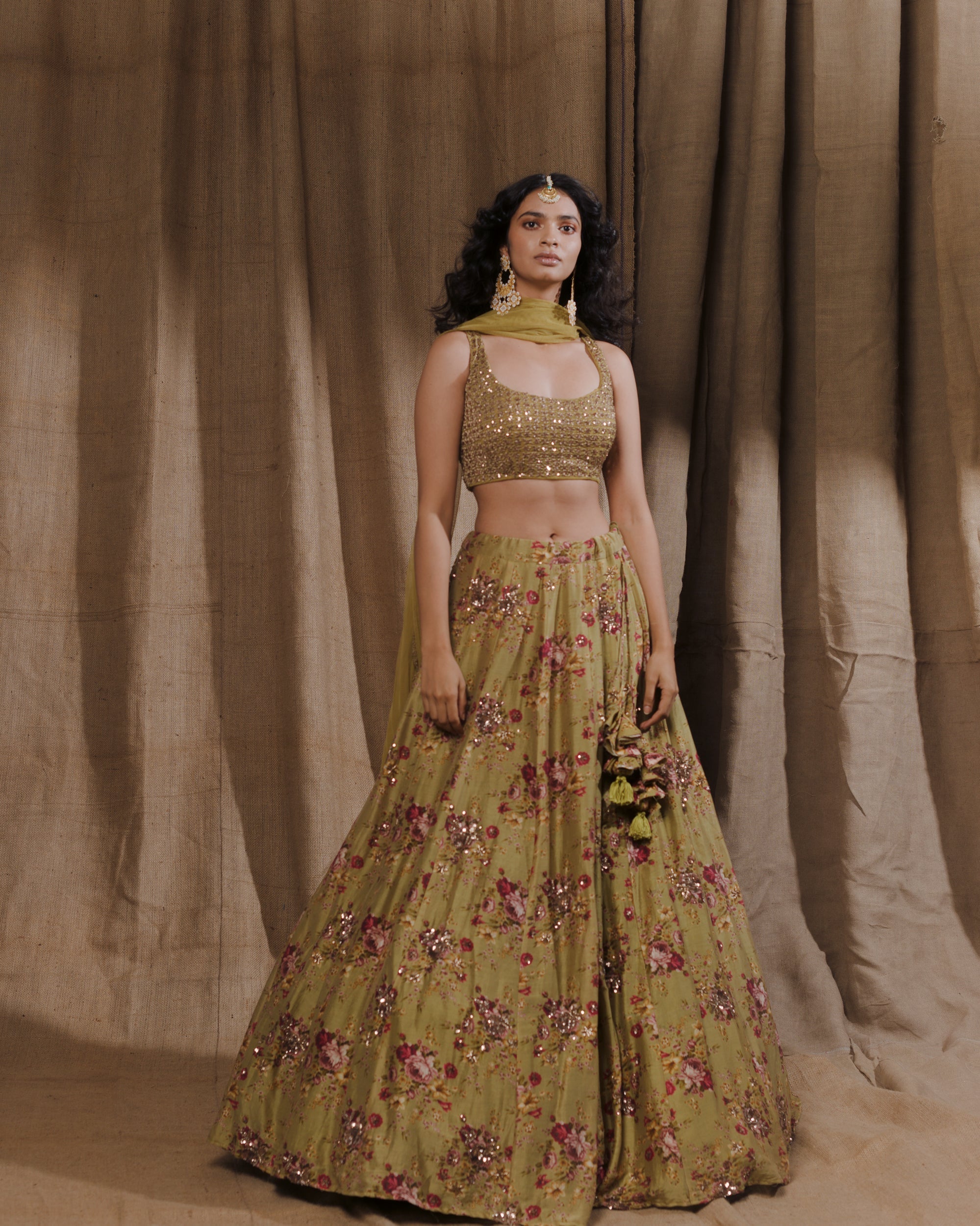 Leaf Green Floral Printed Lehenga Set