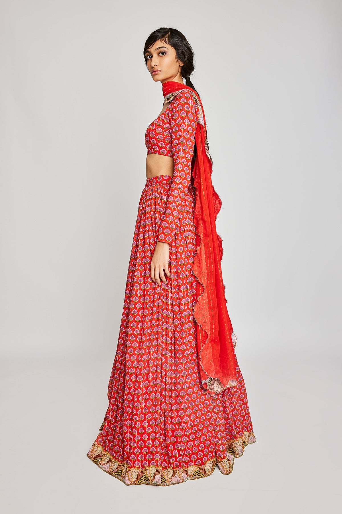 Punxes - Red Dobby Lehenga Set