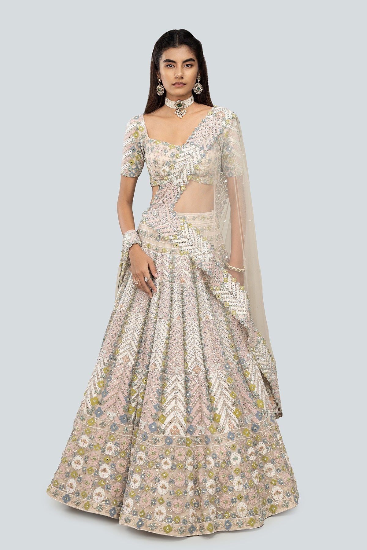 Ziba - Ivory Tulle Net Lehenga Set