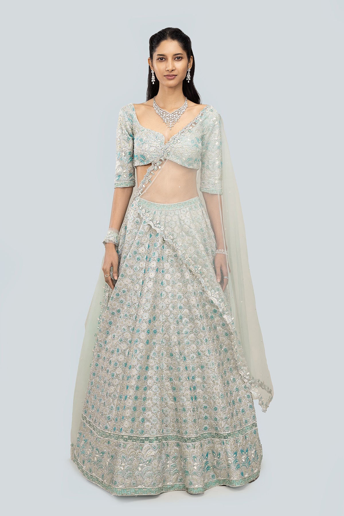 Alya - Powder Blue Tulle Net Lehenga Set