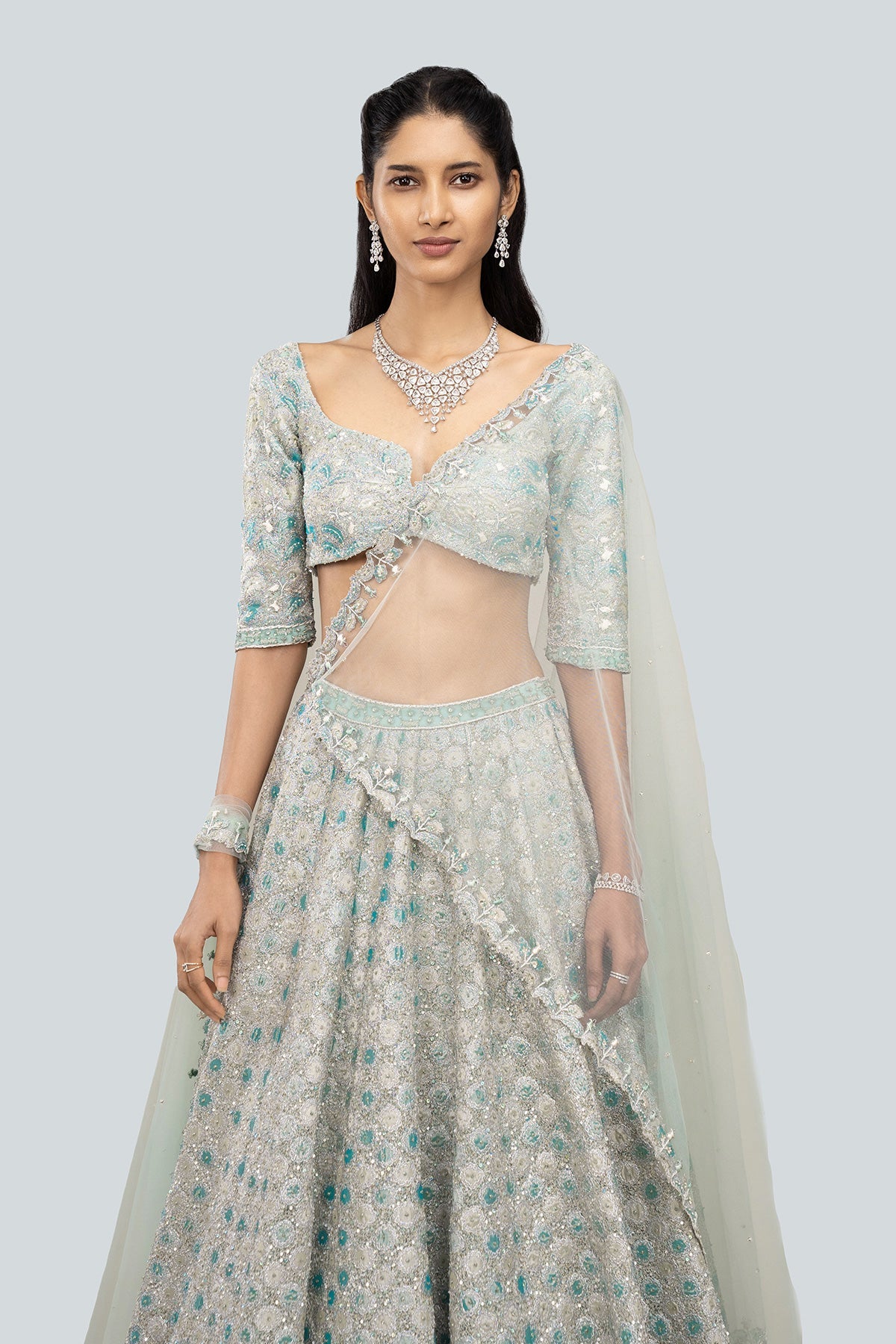 Alya - Powder Blue Tulle Net Lehenga Set
