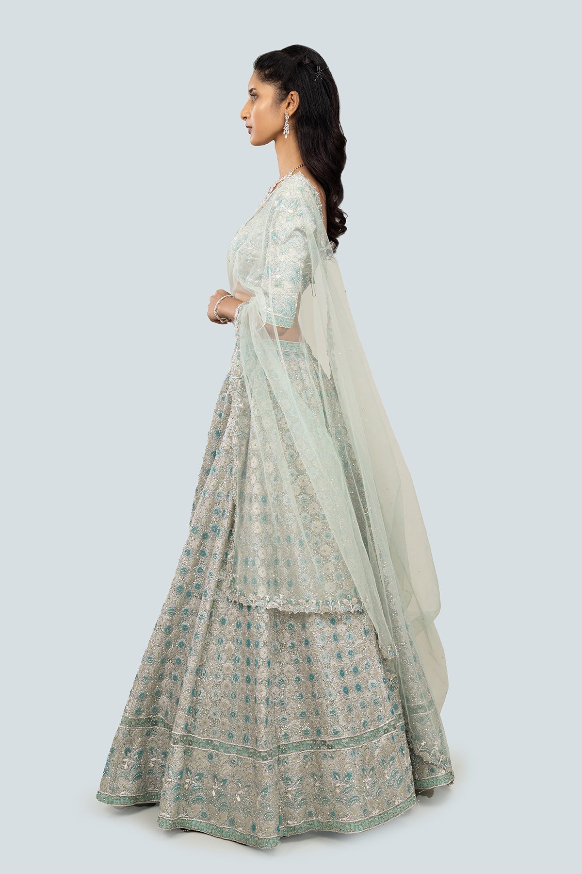 Alya - Powder Blue Tulle Net Lehenga Set