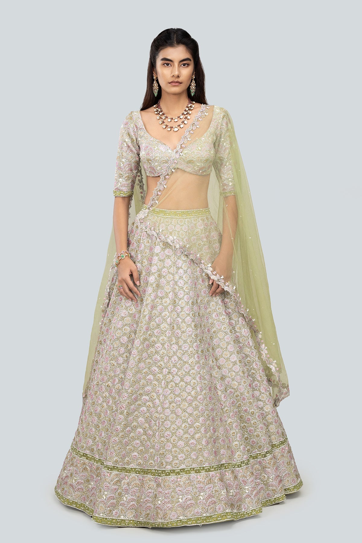 Alya - Pistachio Tulle Net Lehenga Set