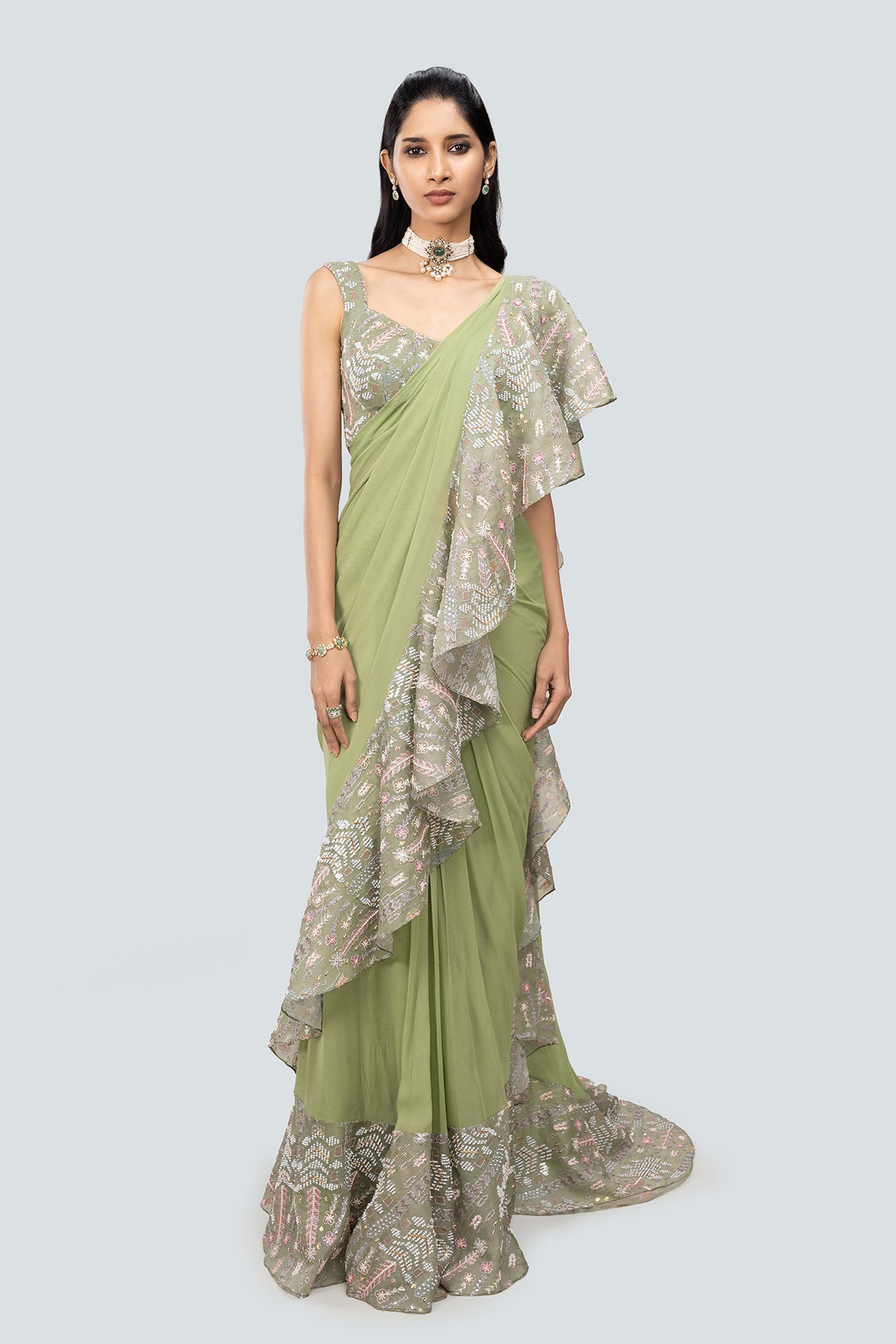 Kusum - Asparagus Georgette Saree Set
