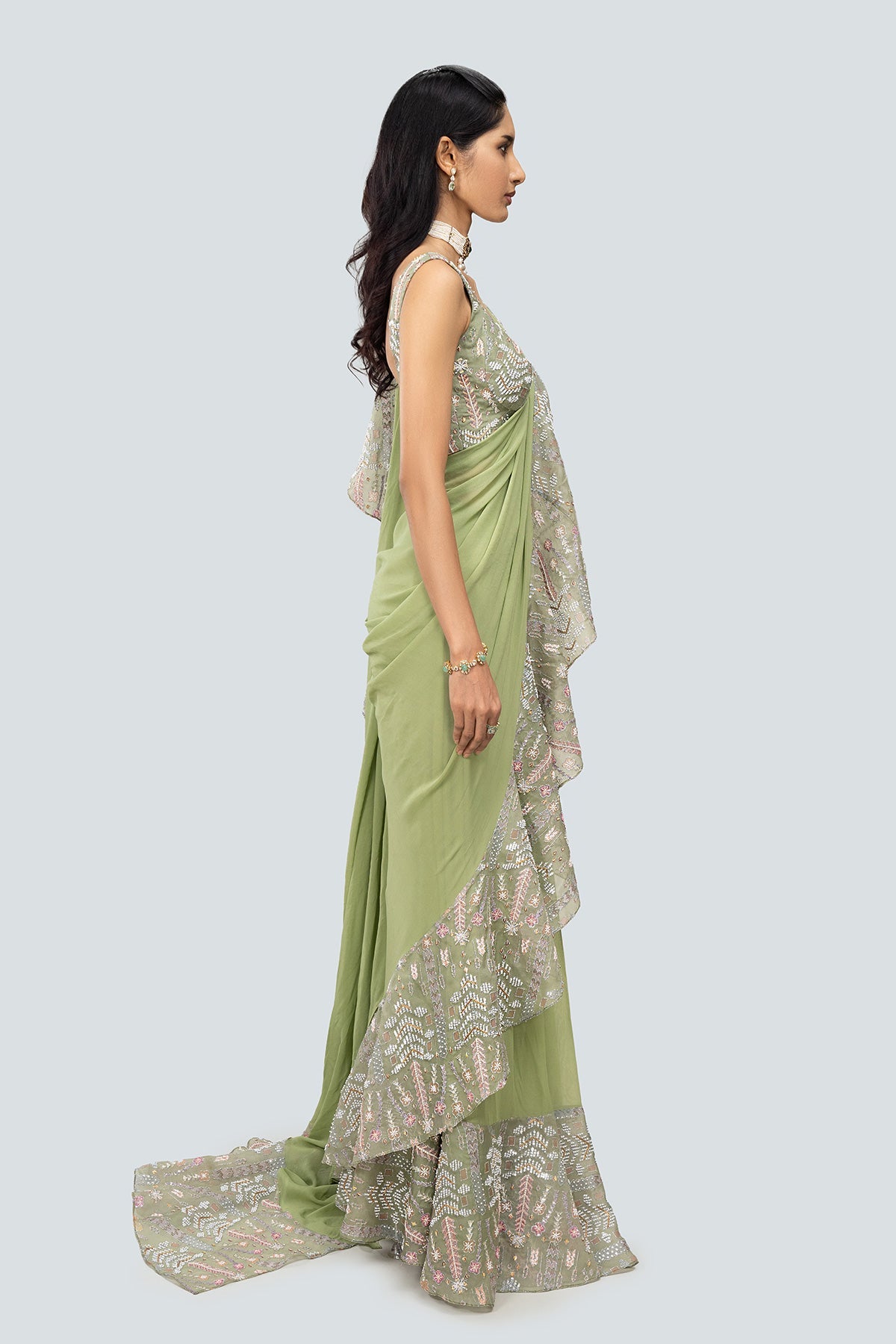 Kusum - Asparagus Georgette Saree Set