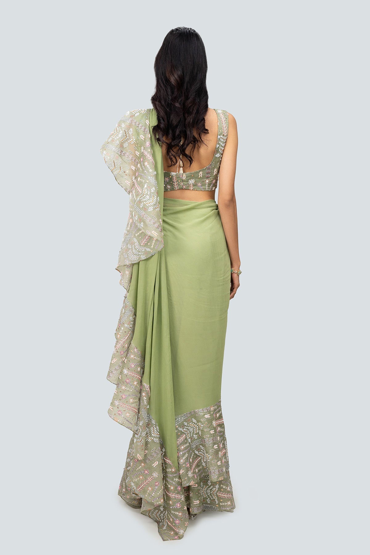 Kusum - Asparagus Georgette Saree Set