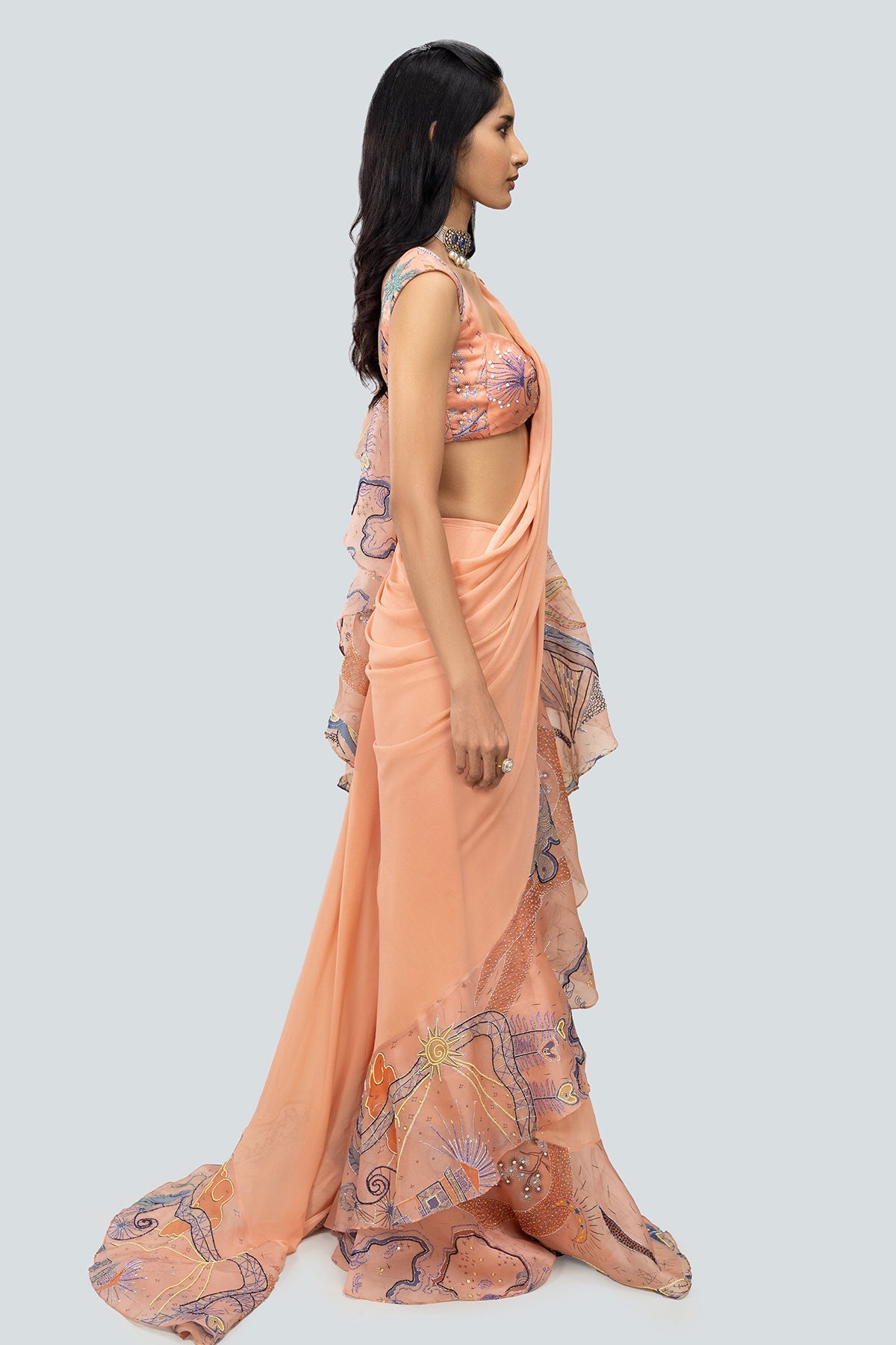 Aegean - Peach Georgette Saree Set