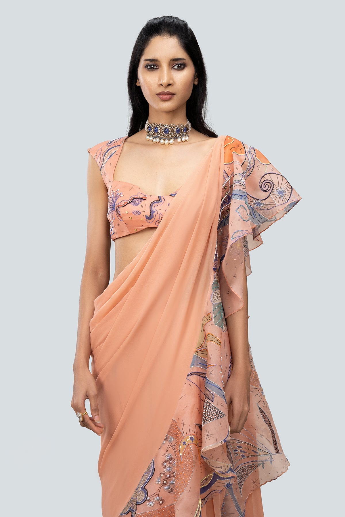 Aegean - Peach Georgette Saree Set