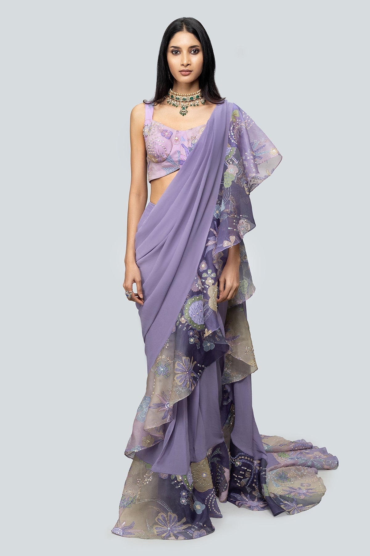 Tarika - Multicolor Organza Ruffle Saree Set