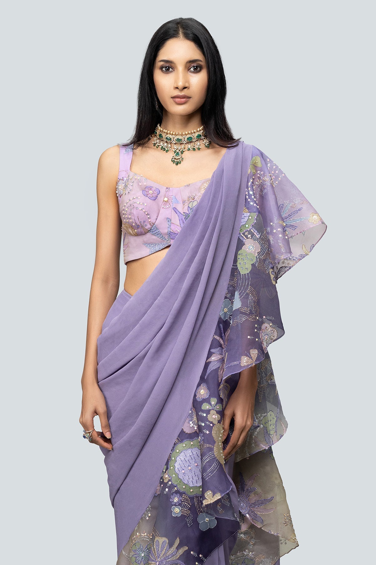 Tarika - Multicolor Organza Ruffle Saree Set