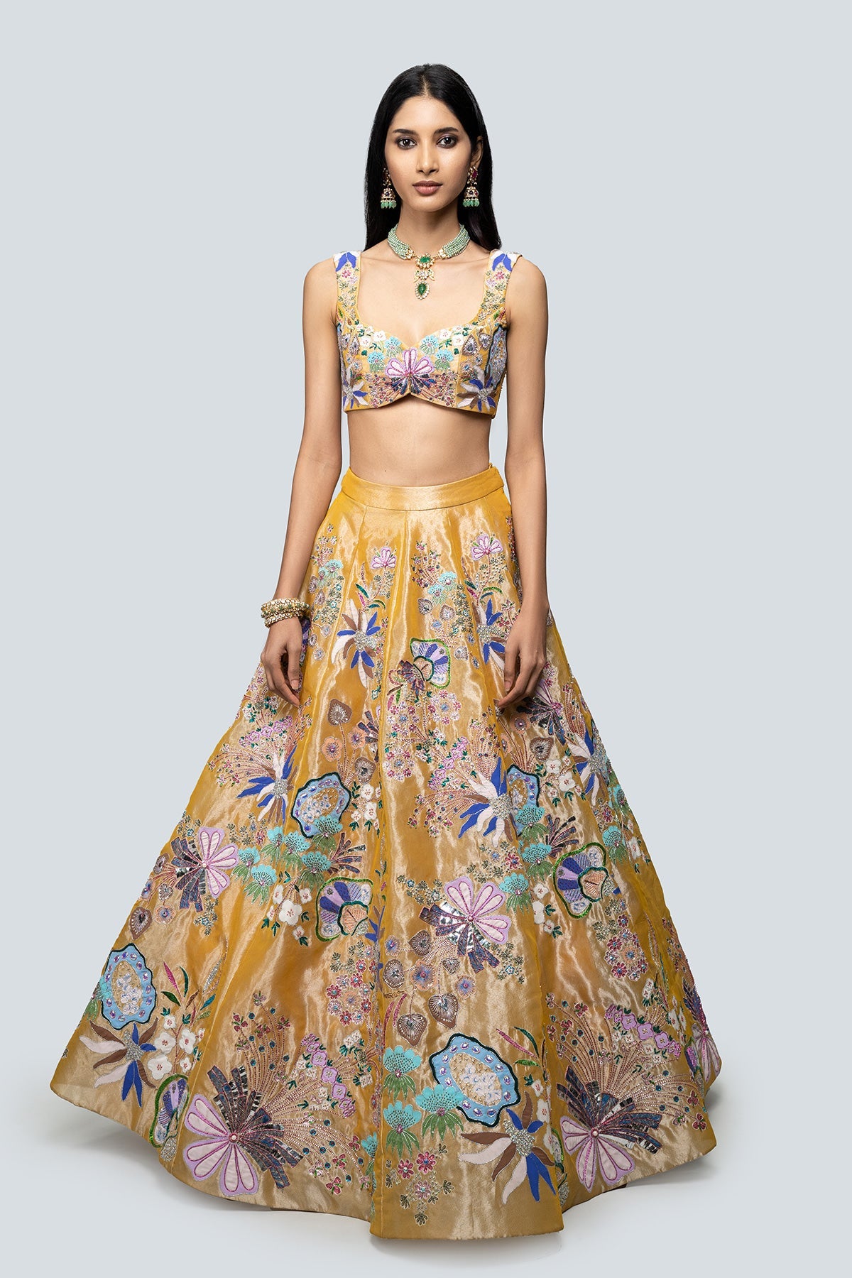 Naznin - Yellow Tissue Lehenga Set