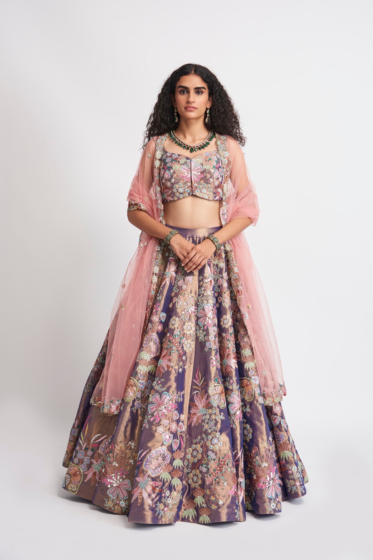 Zahra - Plum Tissue Lehenga Set