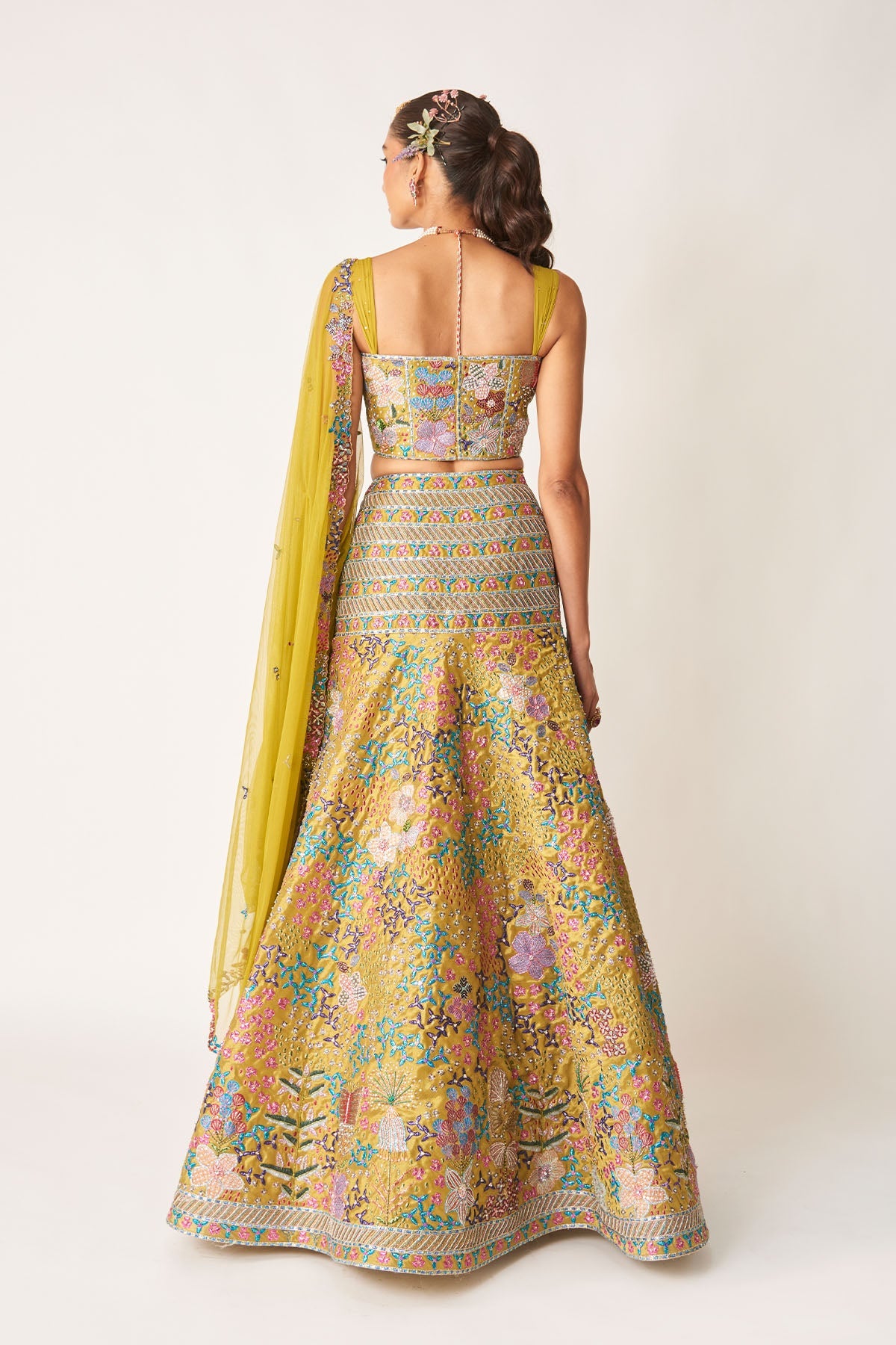Sharvari In Olésia - Olive Tissue Ruched Lehenga Set
