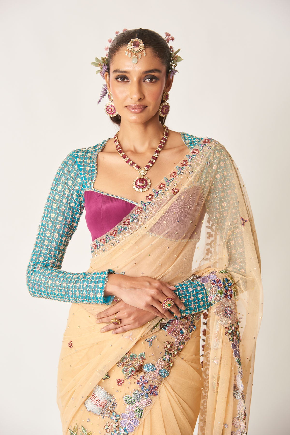 Célia - Bisque Tulle Net Saree Set