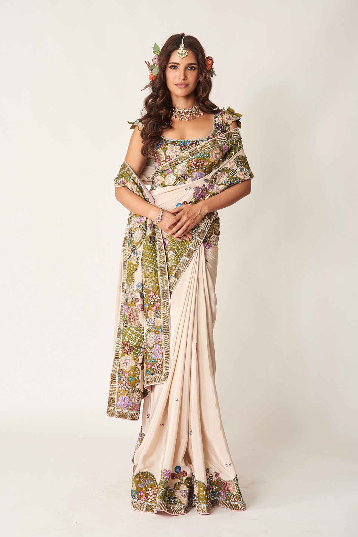 Shinora - Ivory Olive Mulberry Crepe Saree Set