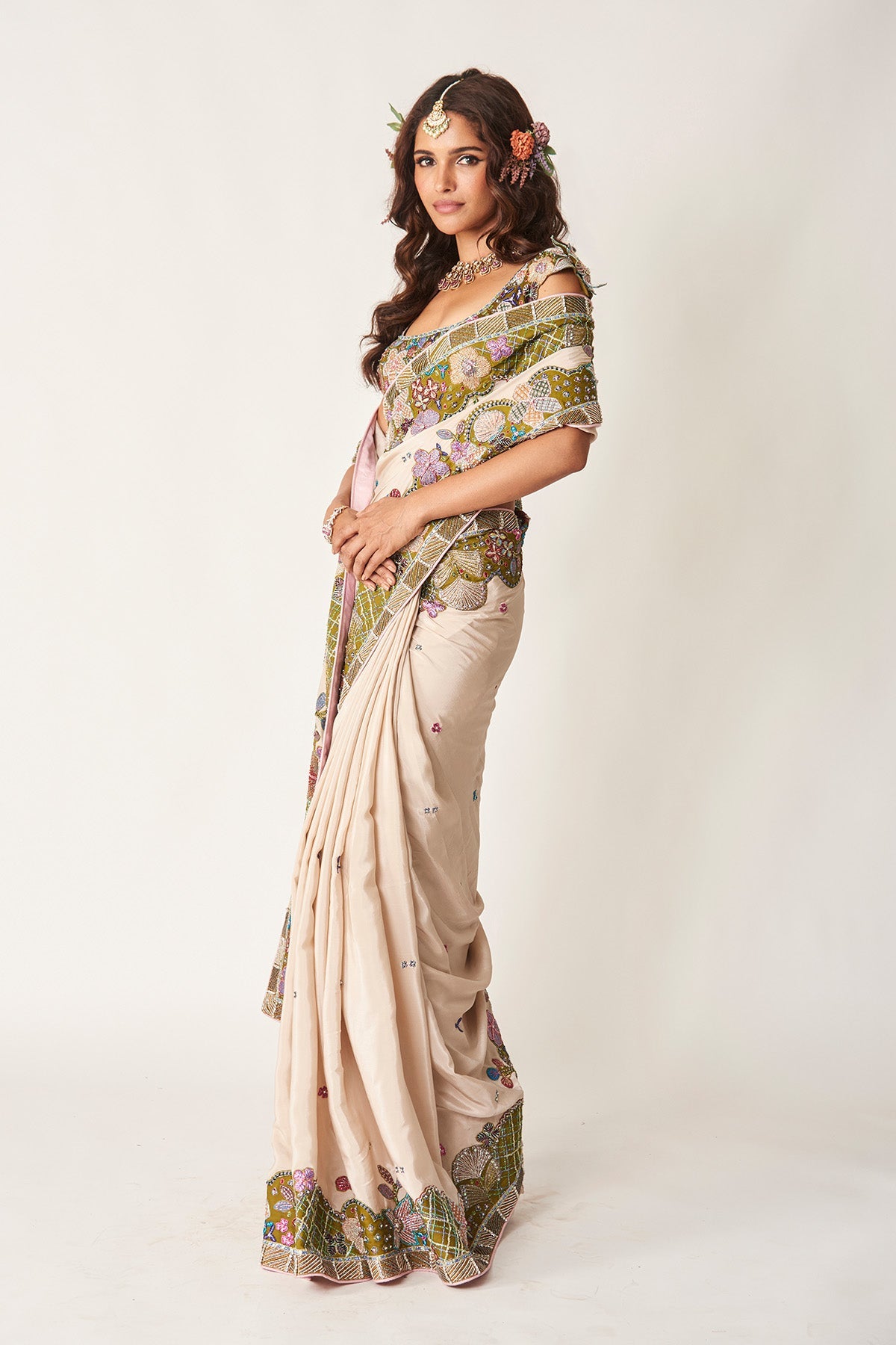 Shinora - Ivory Olive Mulberry Crepe Saree Set