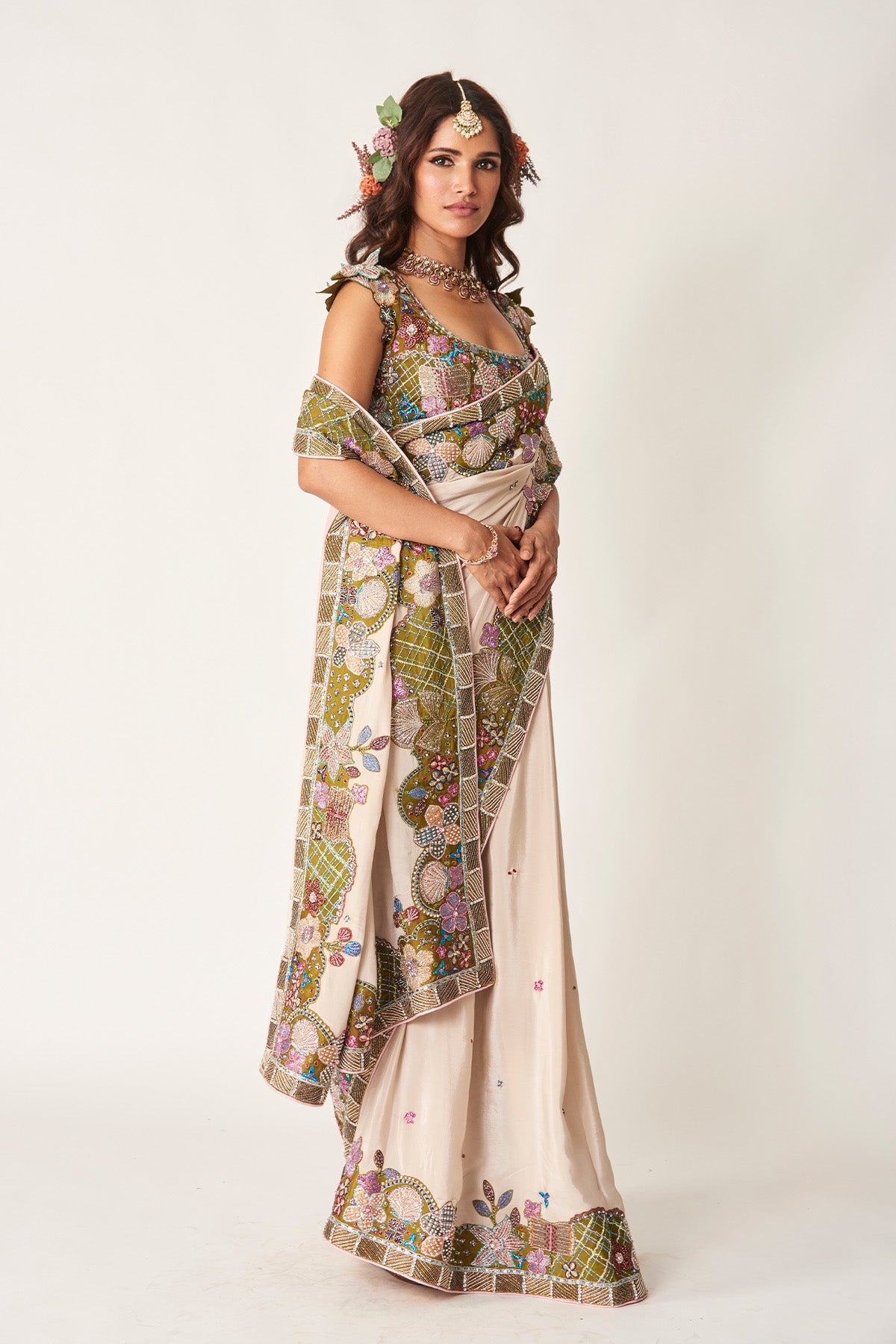 Shinora - Ivory Olive Mulberry Crepe Saree Set