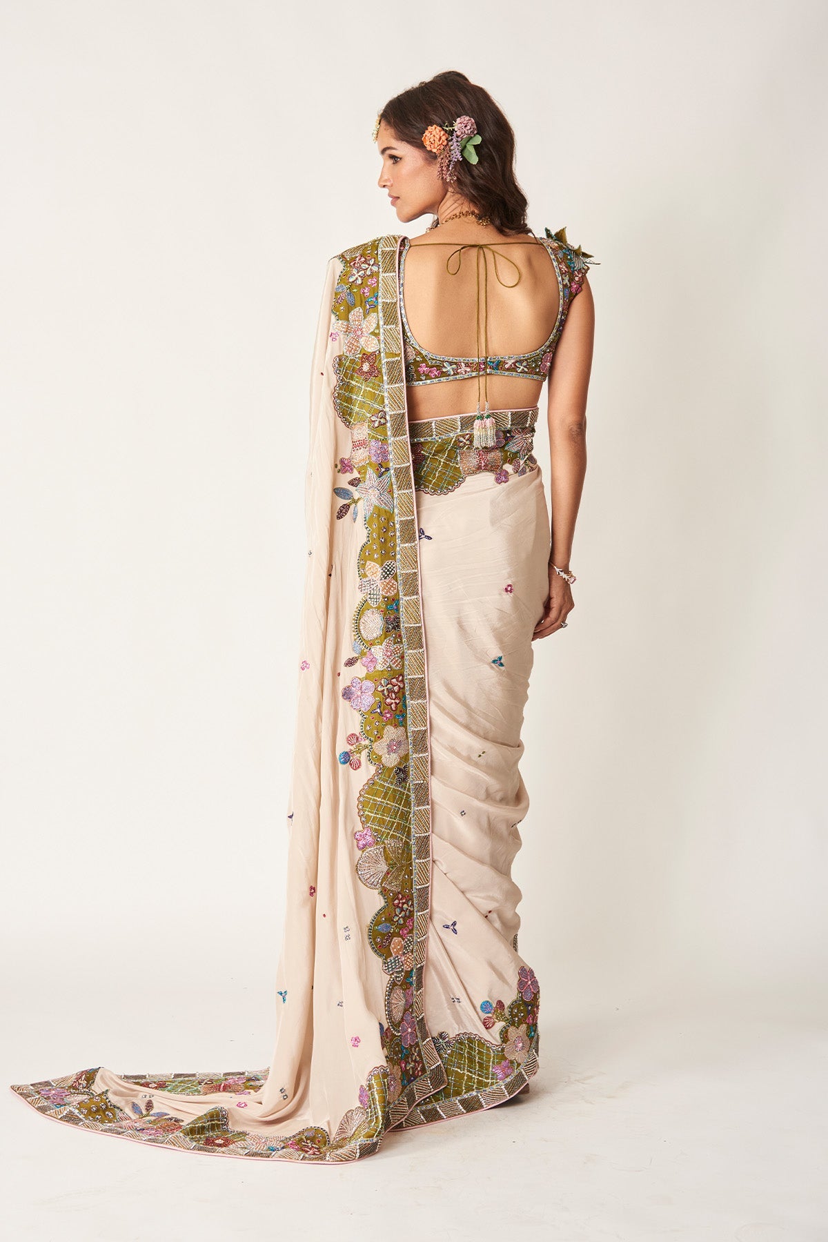 Shinora - Ivory Olive Mulberry Crepe Saree Set