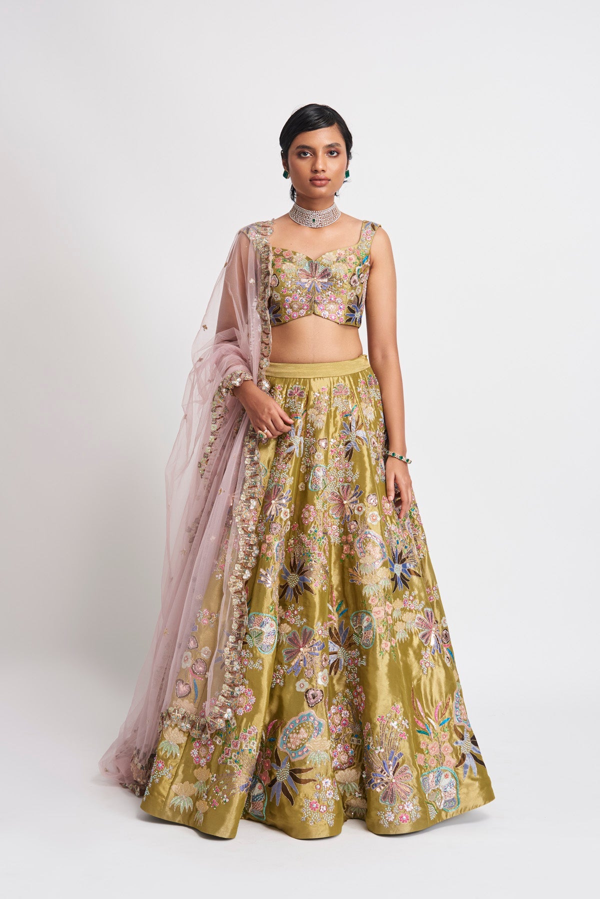 Zahra - Citron Green Tissue Lehenga Set