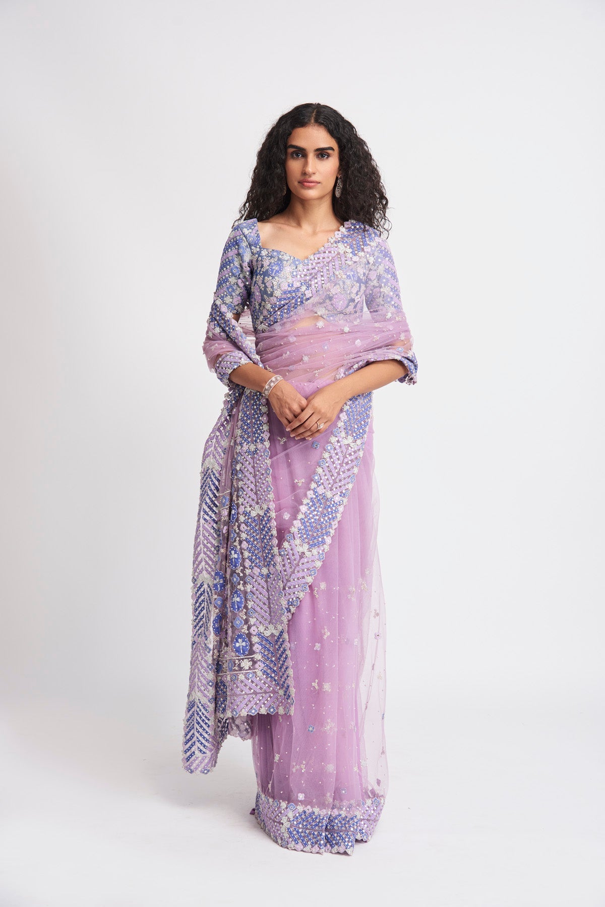 Fariba - Lavender Tulle Net Saree Set