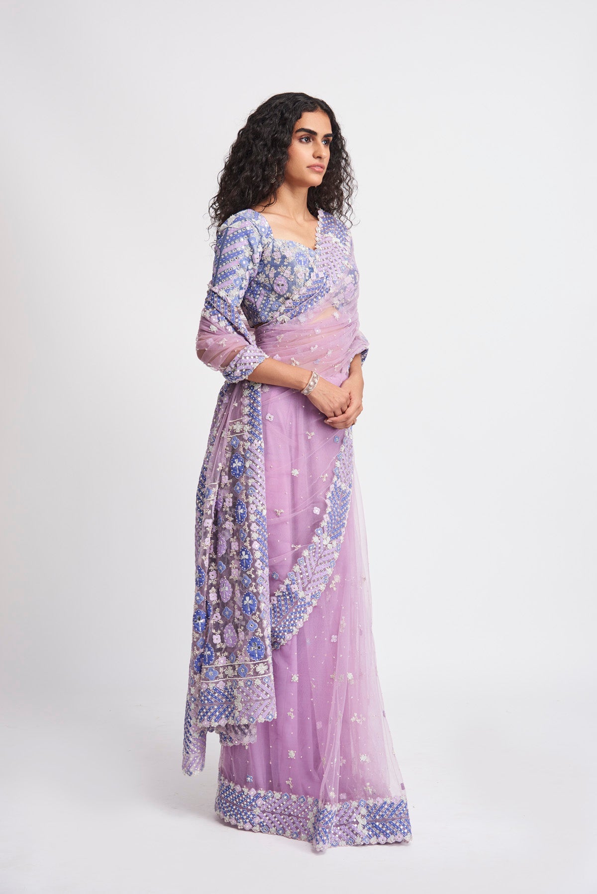 Fariba - Lavender Tulle Net Saree Set