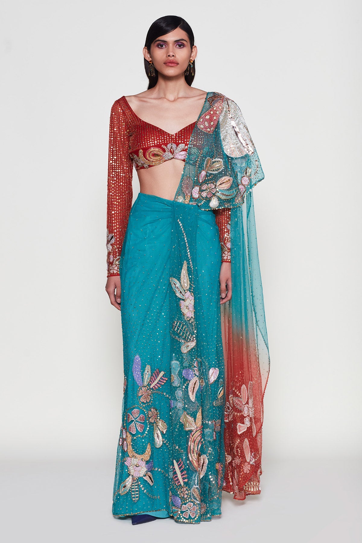 Verdance -  Turq Orange Tulle Net Saree Set