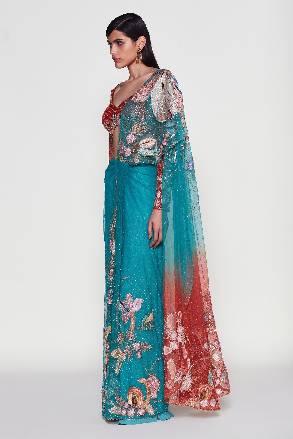 Verdance -  Turq Orange Tulle Net Saree Set