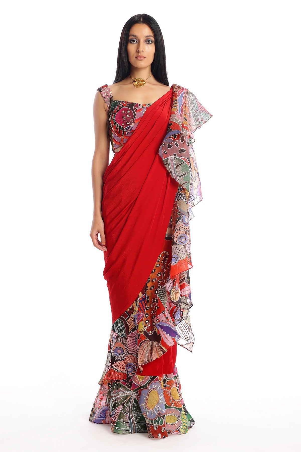 Labyrinth - Candy Red Mulberry Crepe Saree Set