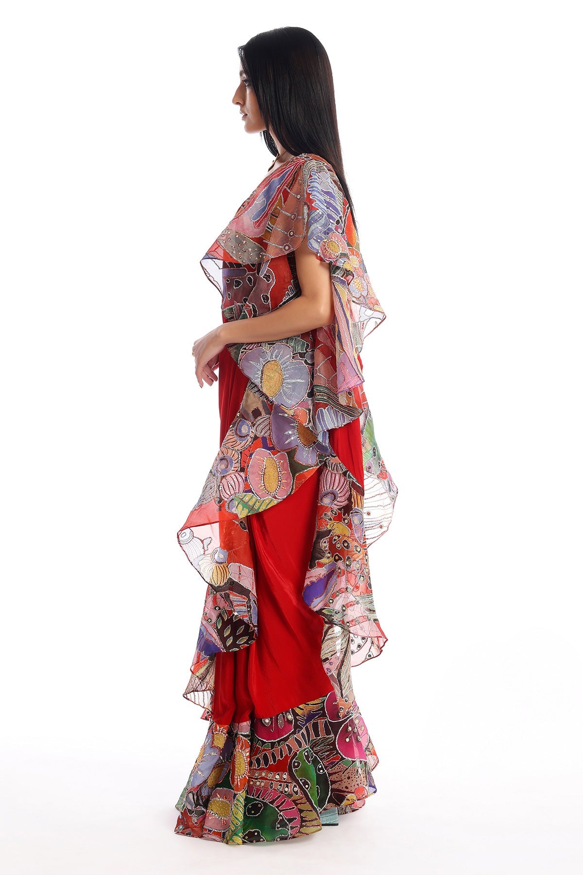 Labyrinth - Candy Red Mulberry Crepe Saree Set