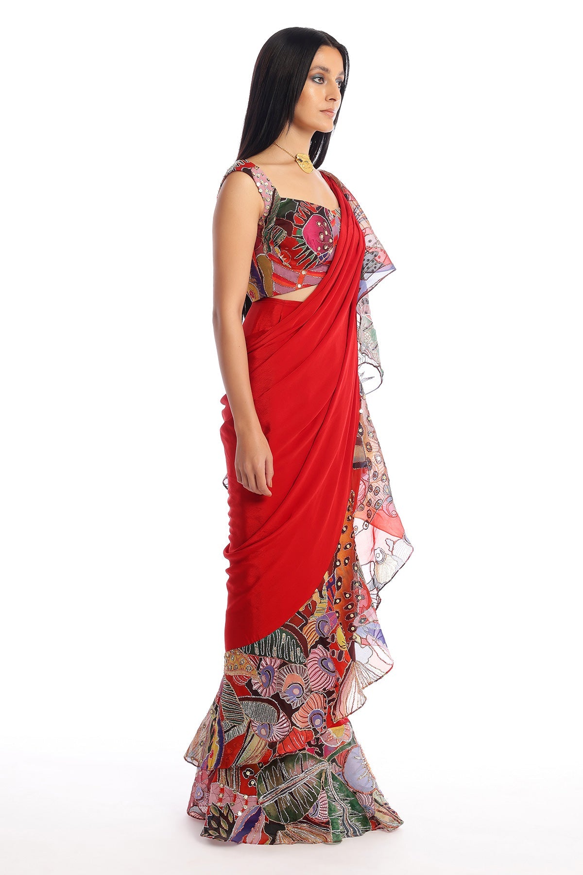 Labyrinth - Candy Red Mulberry Crepe Saree Set