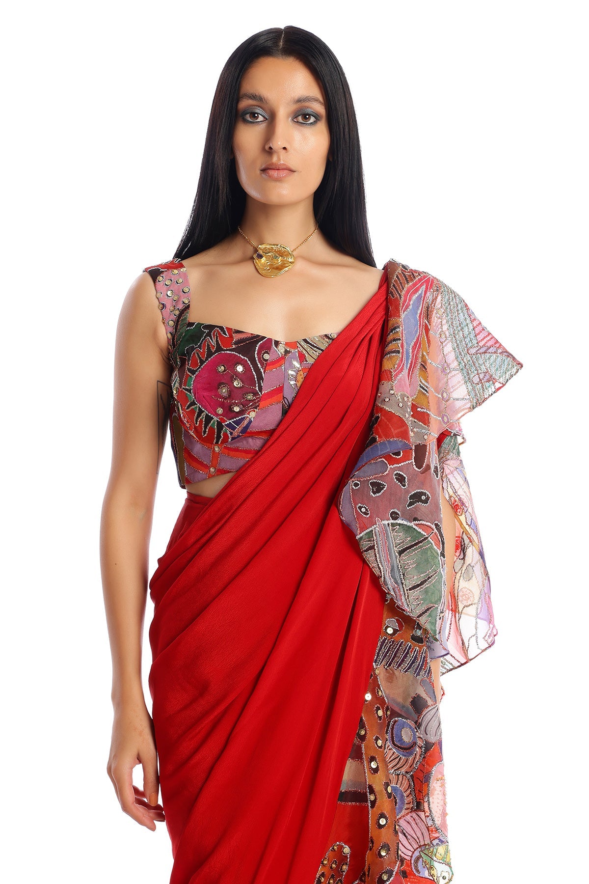 Labyrinth - Candy Red Mulberry Crepe Saree Set