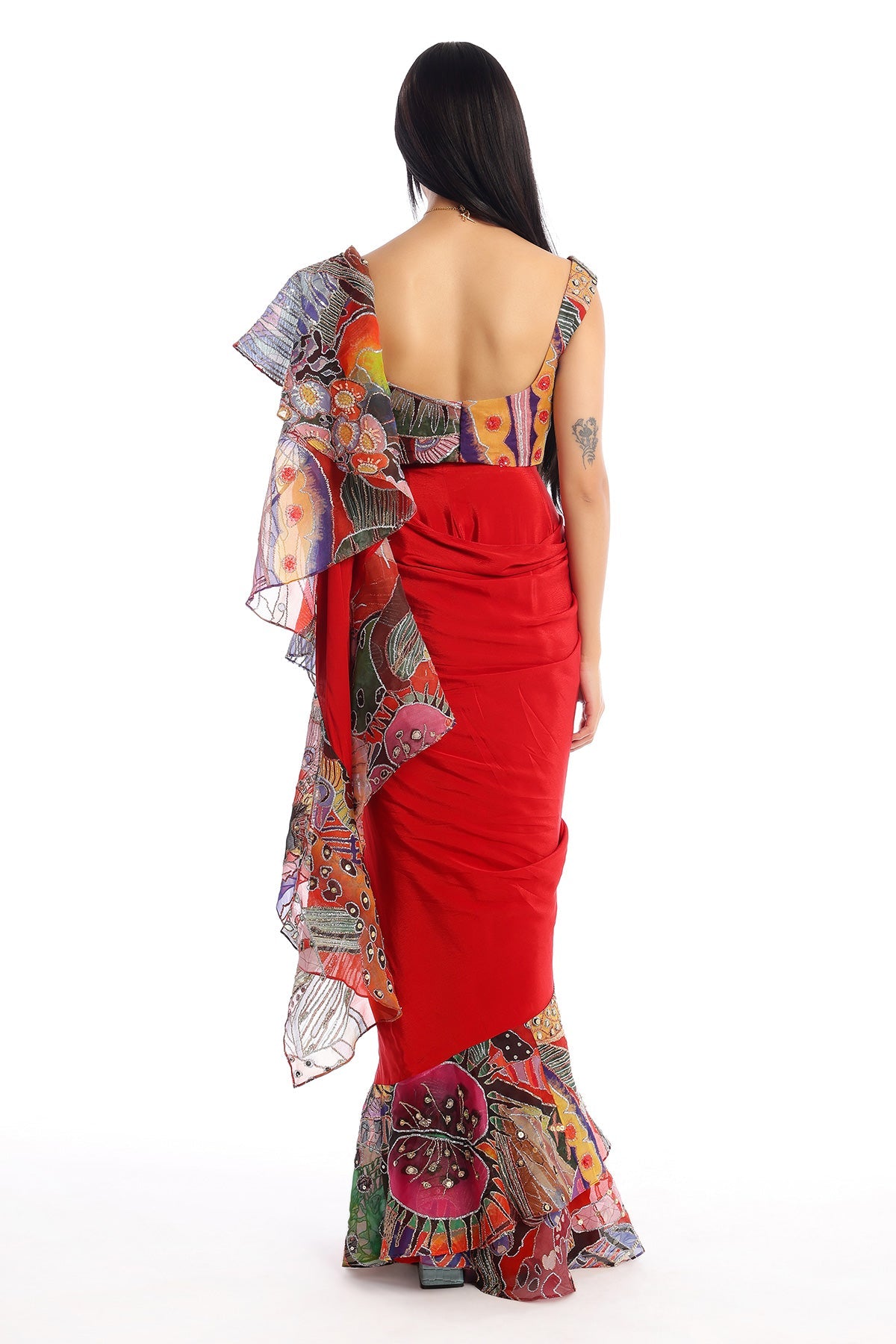 Labyrinth - Candy Red Mulberry Crepe Saree Set