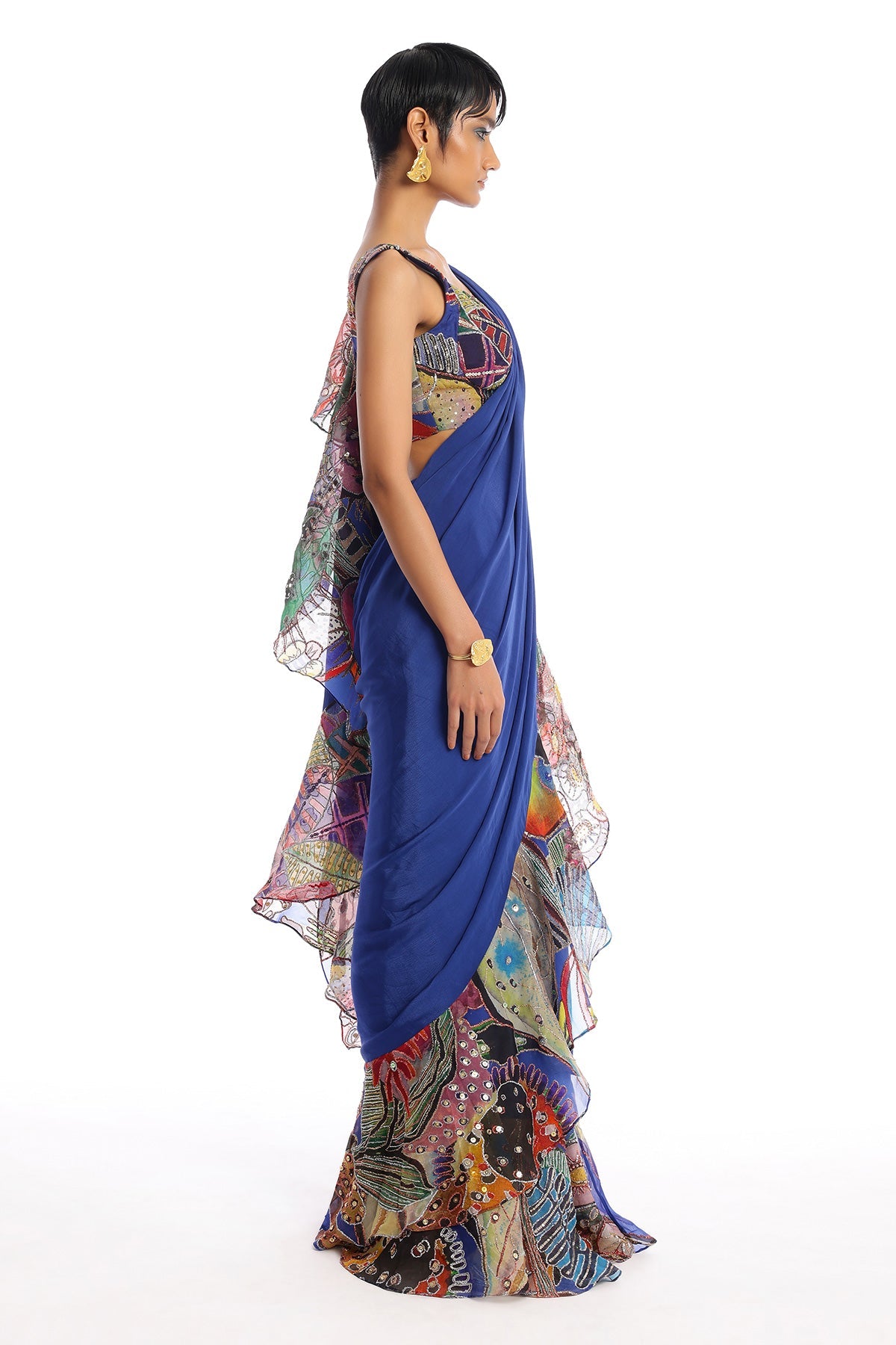 Labyrinth - Midnight Blue Mulberry Crepe Saree Set