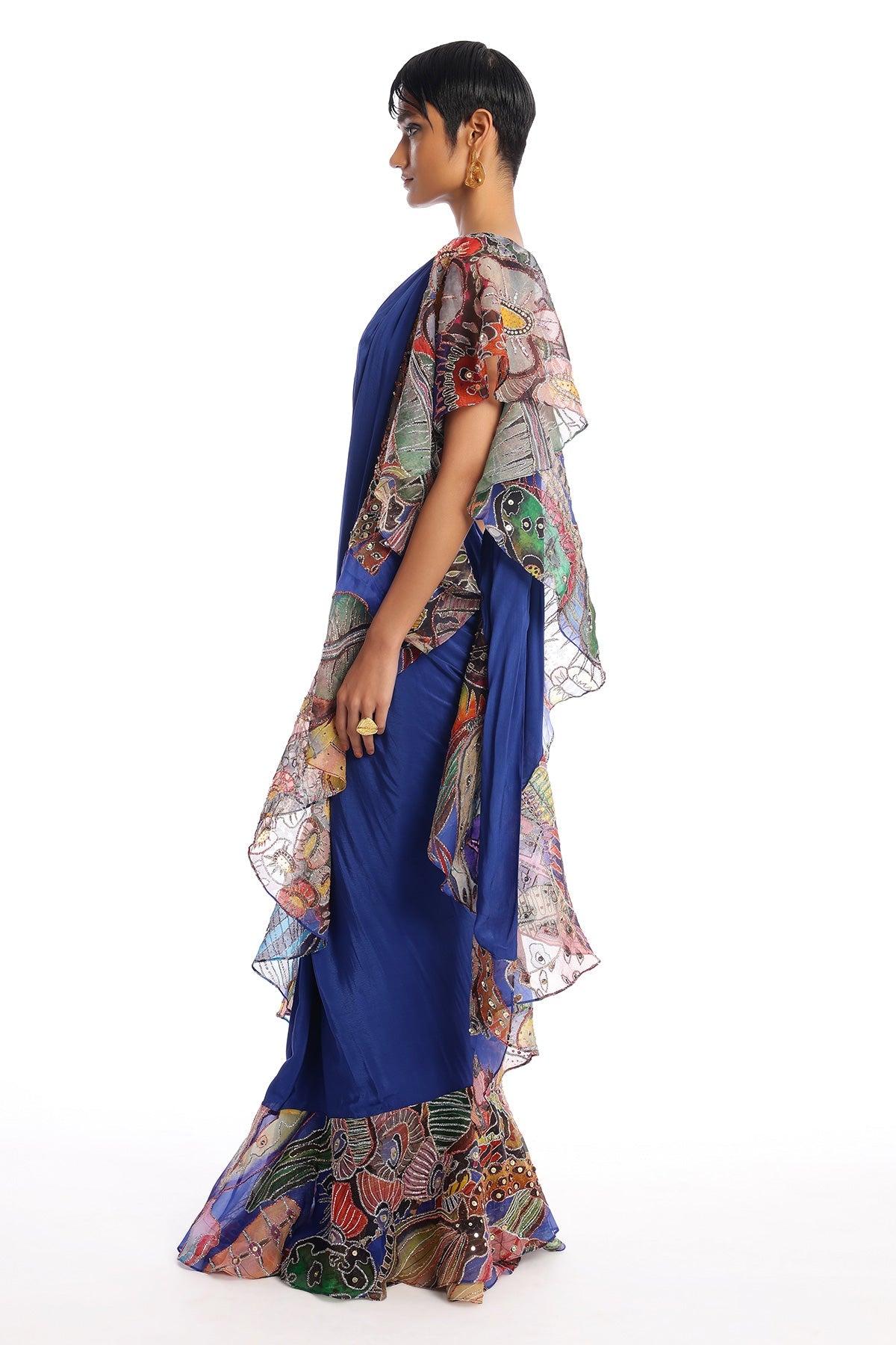 Labyrinth - Midnight Blue Mulberry Crepe Saree Set
